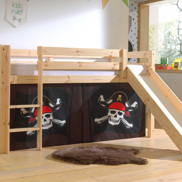Lit mi-hauteur avec toboggan Astrid avec tente de lit Caribbean Pirates - bois de pin - Image 1