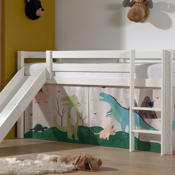 Lit mi-hauteur avec toboggan Astrid avec tente de lit Dino - blanc