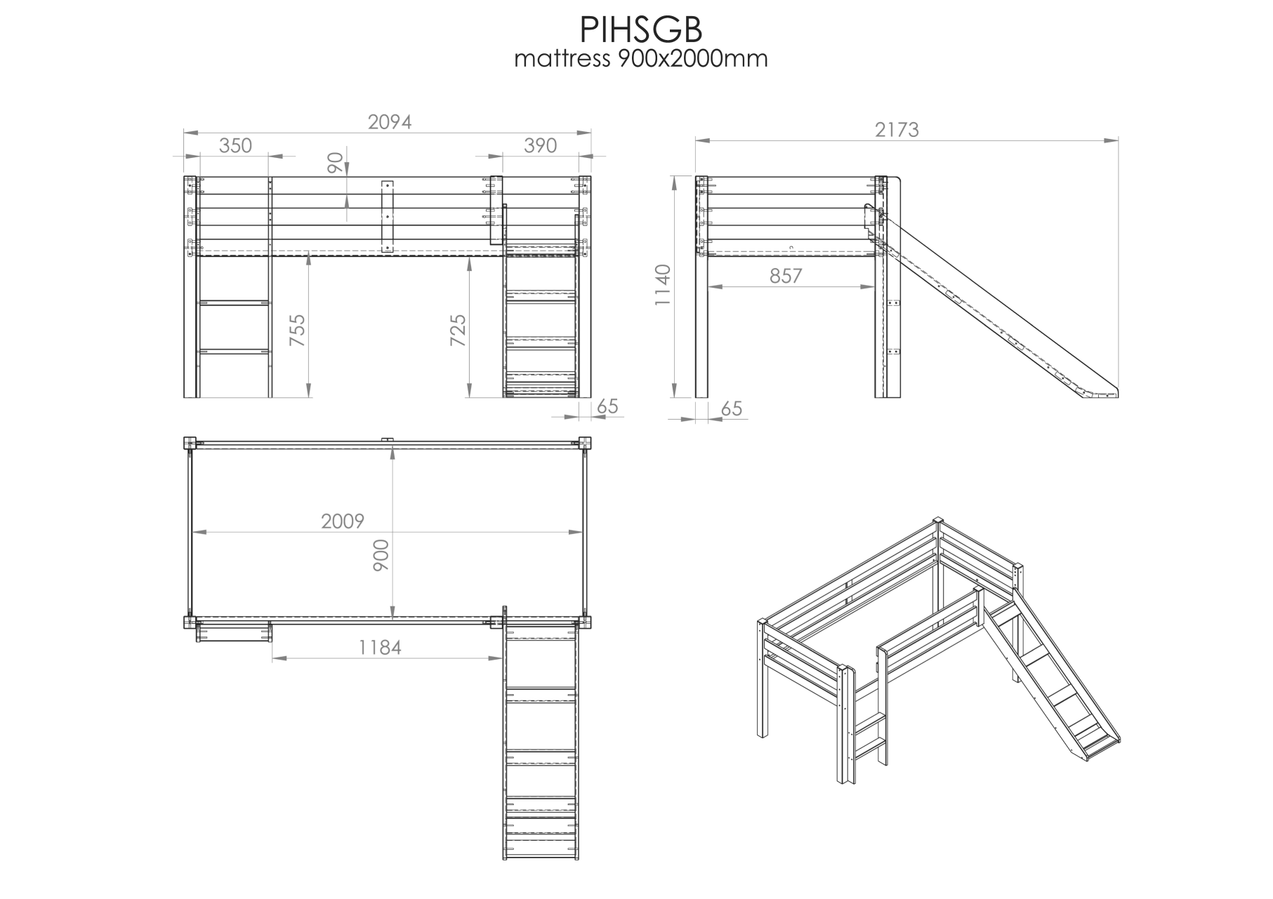 Lit mi-hauteur avec toboggan Astrid avec tente de lit Dino - bois de pin - Image 2