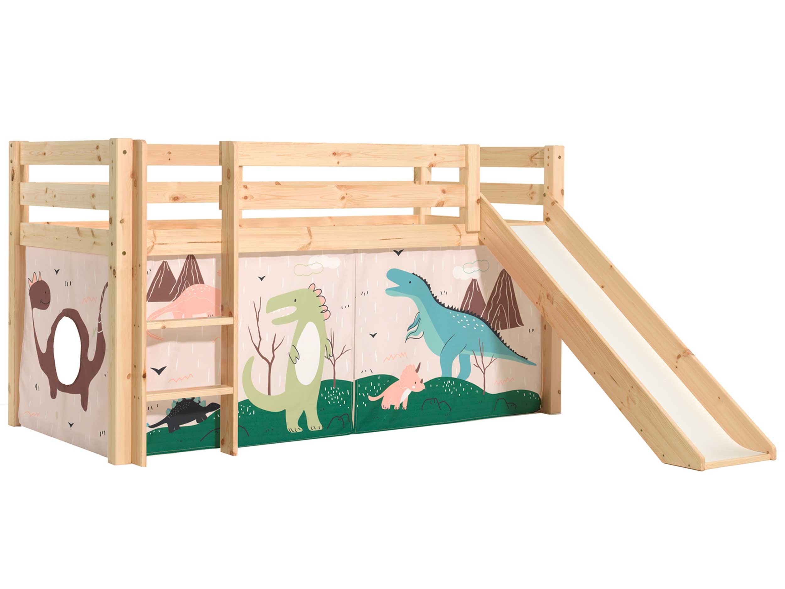 Lit mi-hauteur avec toboggan Astrid avec tente de lit Dino - bois de pin - Image 6
