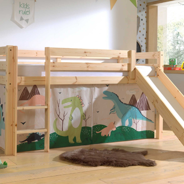 Lit mi-hauteur avec toboggan Astrid avec tente de lit Dino - bois de pin