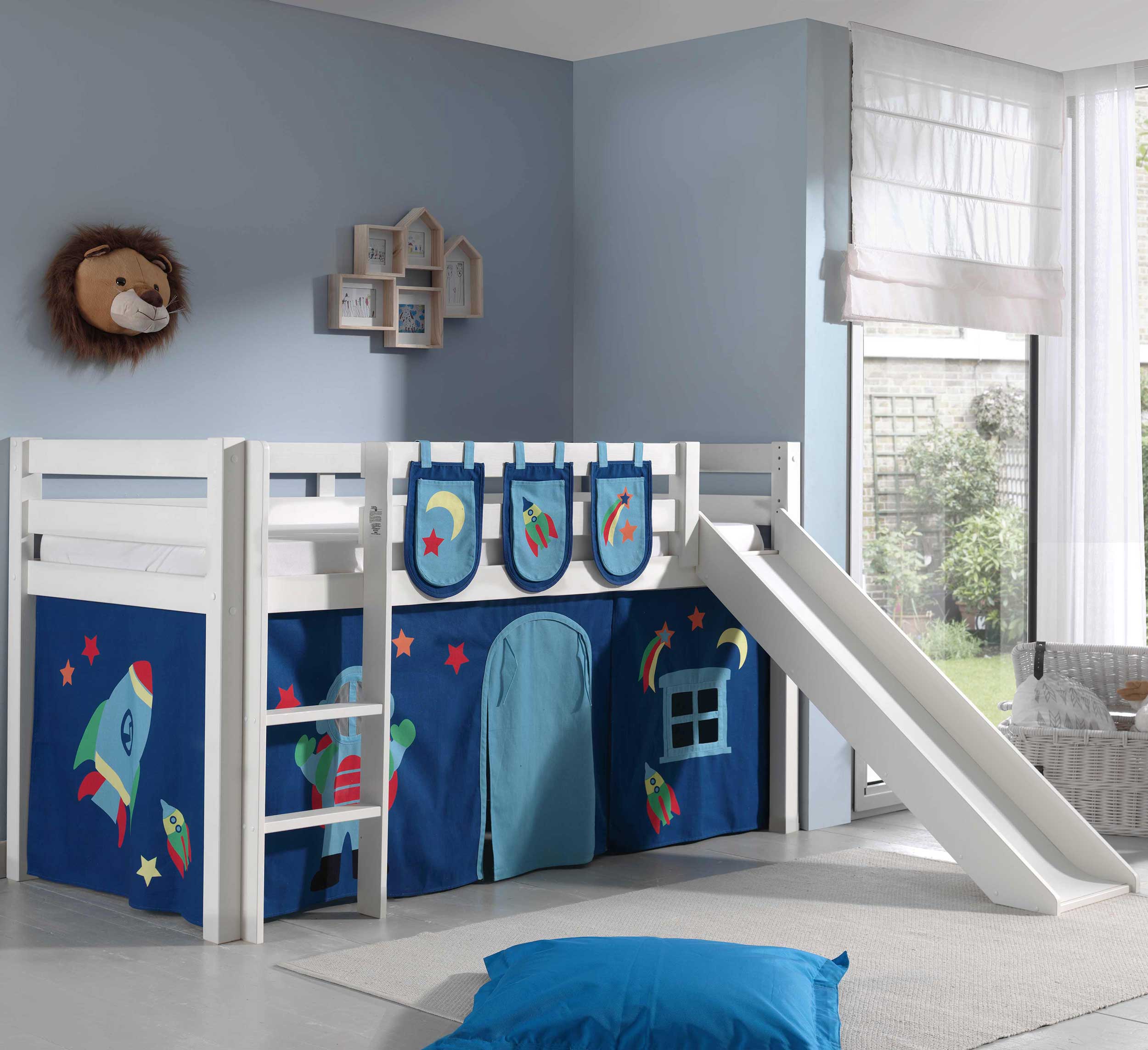 Lit mi-hauteur avec toboggan Astrid avec tente de lit et sacs de rangement Astro - blanc - Image 1