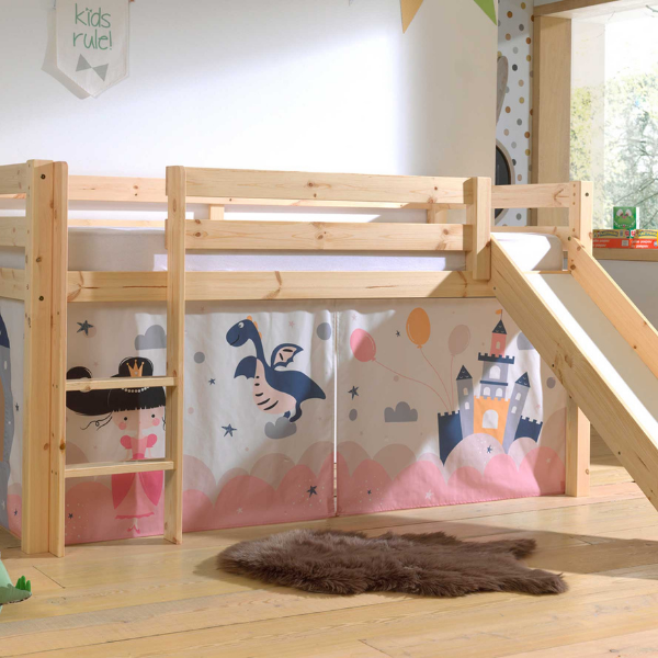 Lit mi-hauteur avec toboggan Astrid avec tente de lit Princess Sophie - bois de pin