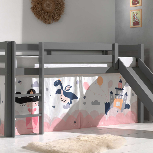 Lit mi-hauteur avec toboggan Astrid avec tente de lit Princess Sophie - gris