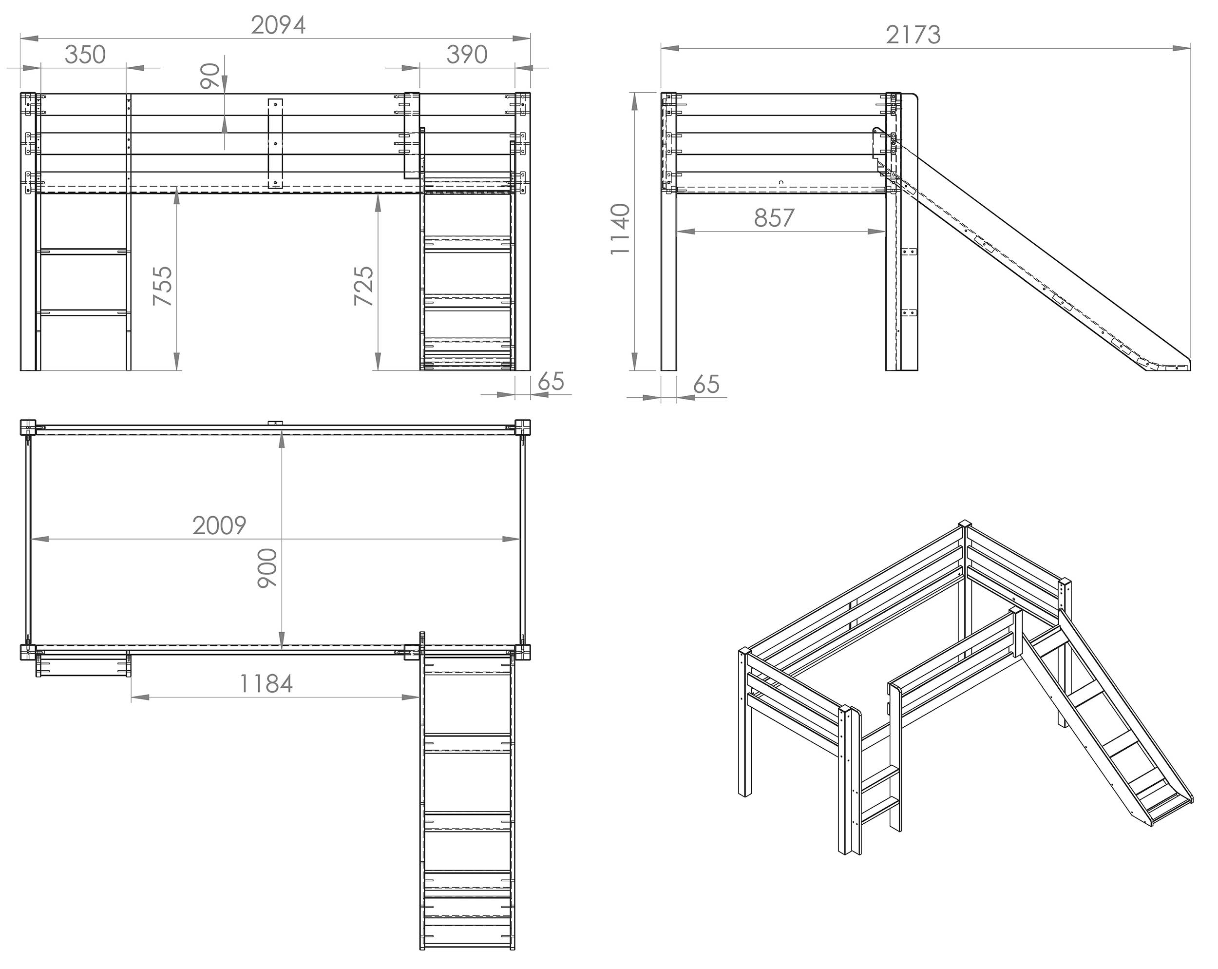Lit mi-hauteur avec toboggan Astrid avec tente et sacs de rangement Birdy - blanc - Image 4