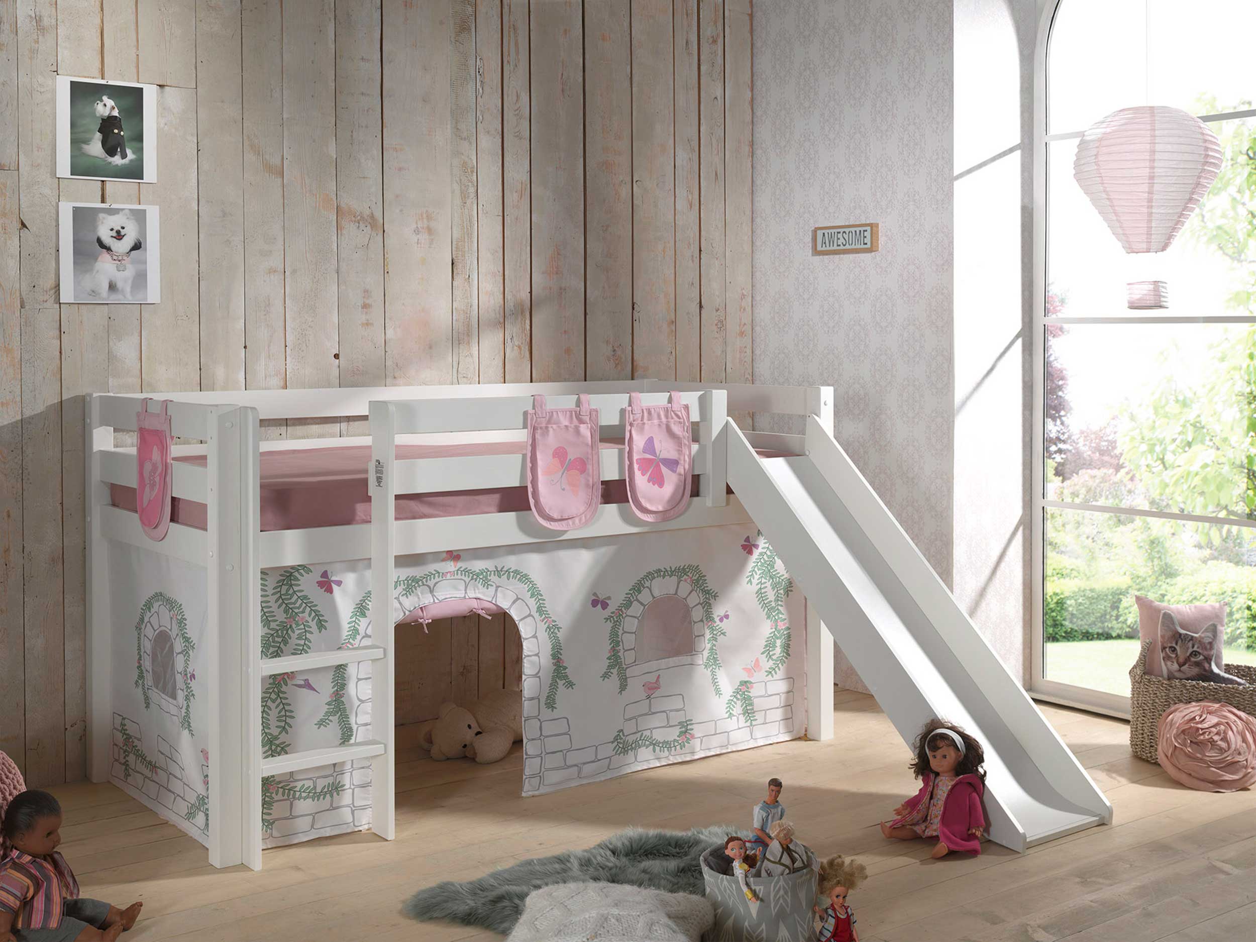 Lit mi-hauteur avec toboggan Astrid avec tente et sacs de rangement Birdy - blanc - Image 6