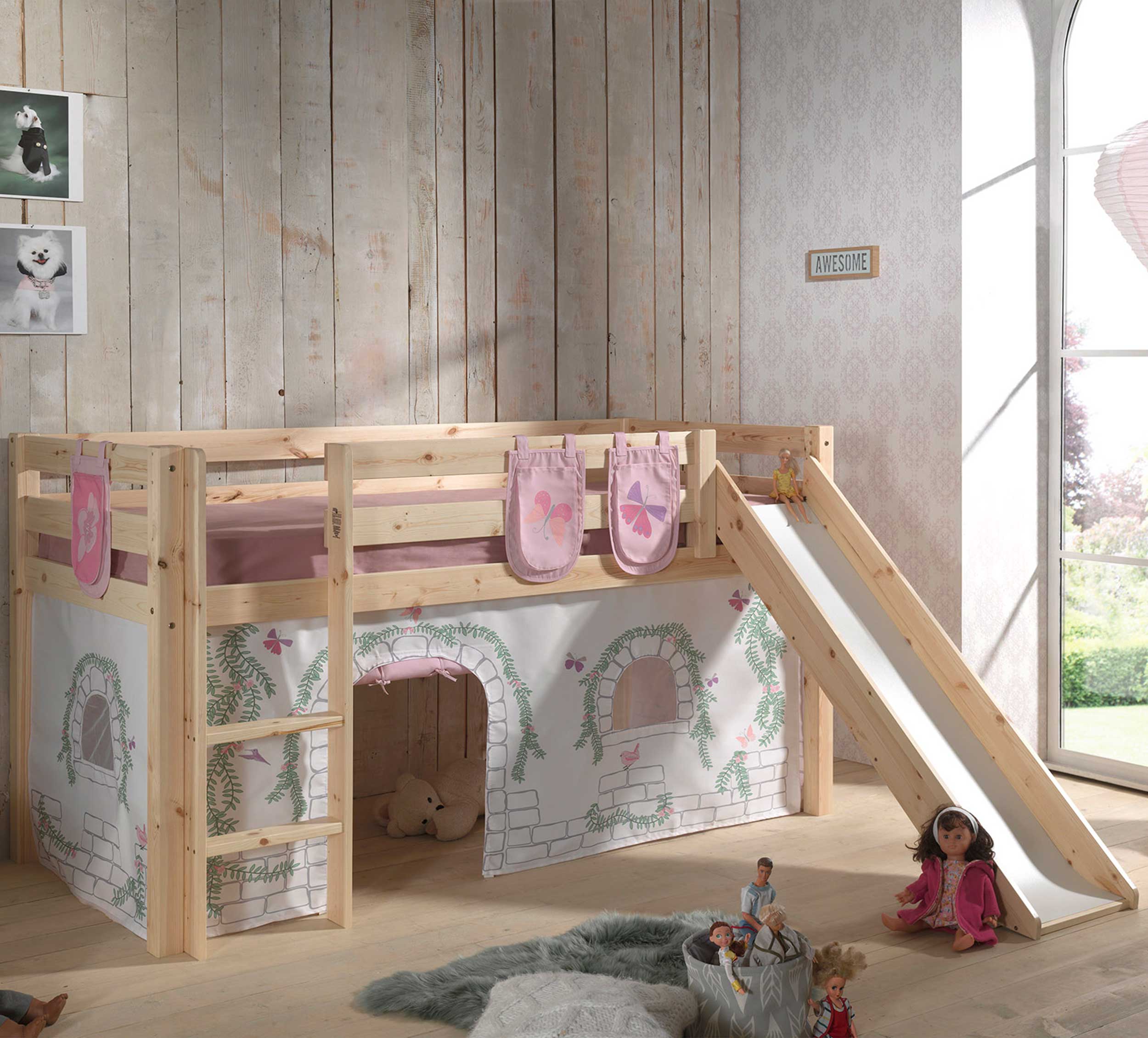 Lit mi-hauteur avec toboggan Astrid avec tente et sacs de rangement Birdy - bois de pin - Image 1