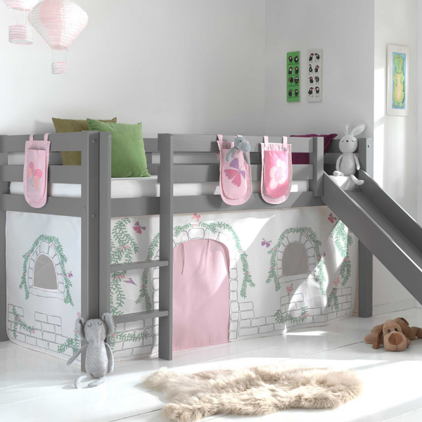 Lit mi-hauteur avec toboggan Astrid avec tente et sacs de rangement Birdy - gris