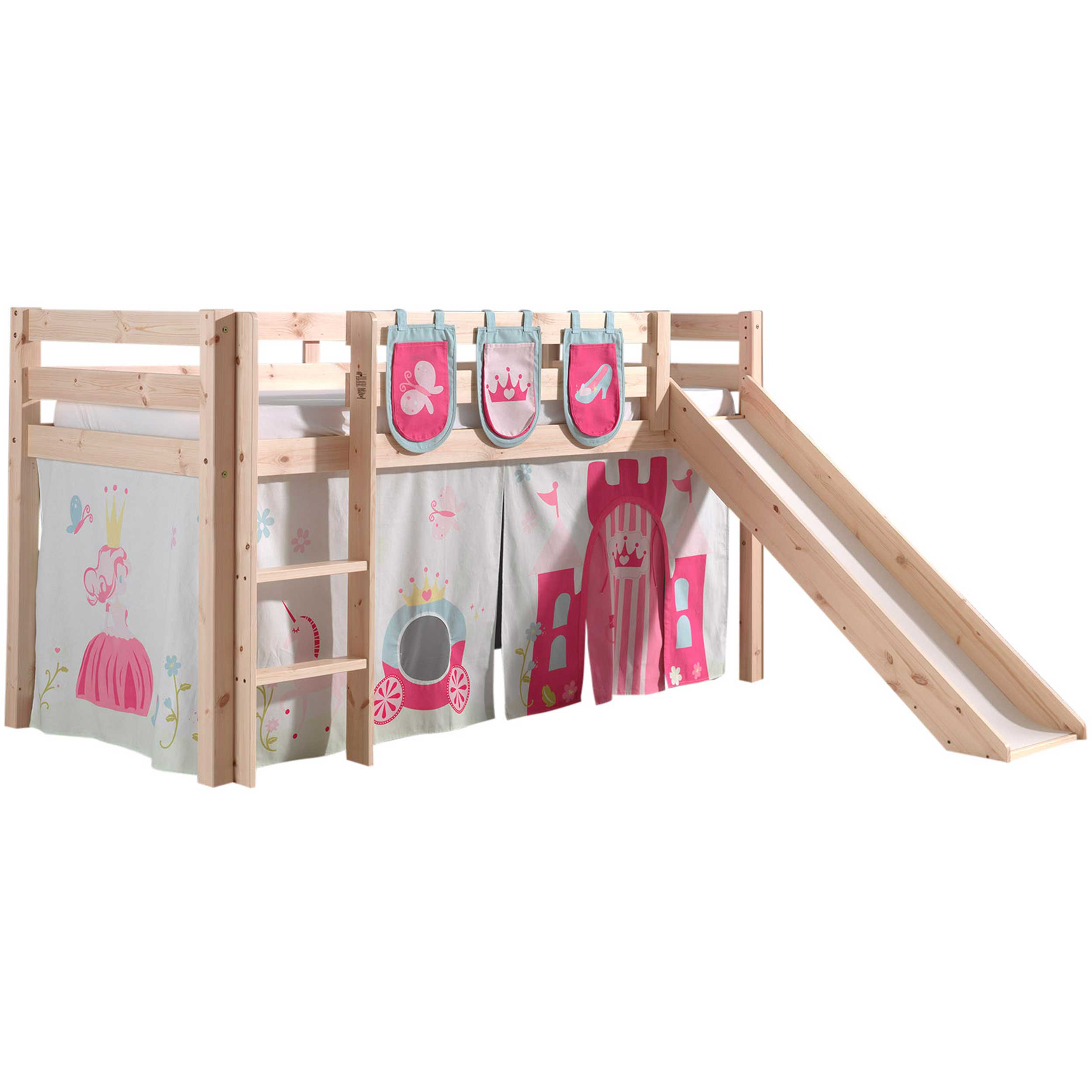 Lit mi-hauteur avec toboggan Astrid avec tente et sacs de rangement Princess II - bois de pin - Image 7
