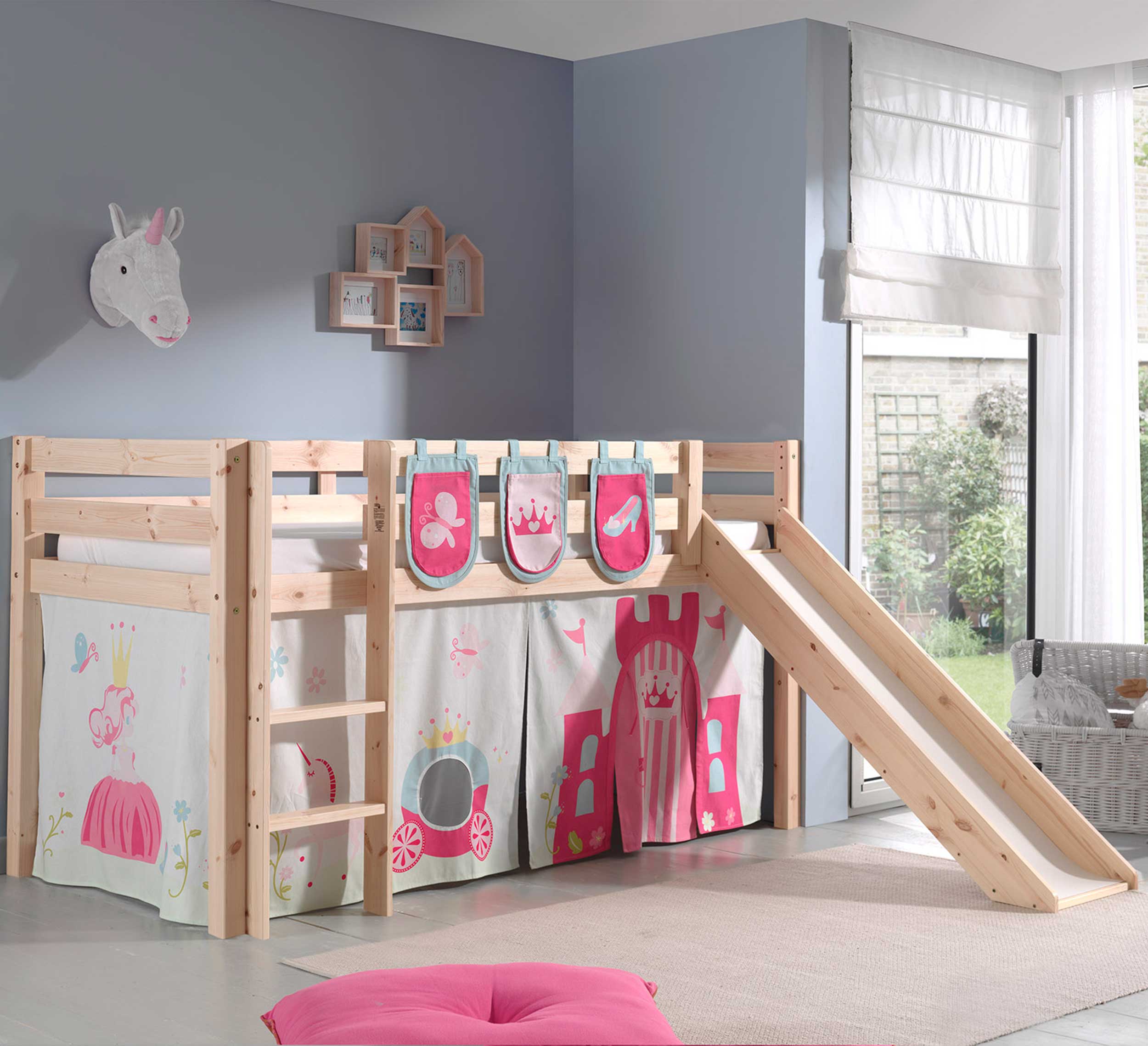 Lit mi-hauteur avec toboggan Astrid avec tente et sacs de rangement Princess II - bois de pin - Image 1