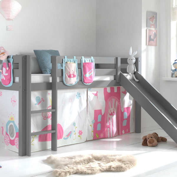 Lit mi-hauteur avec toboggan Astrid avec tente et sacs de rangement Princess II - gris - Image 1