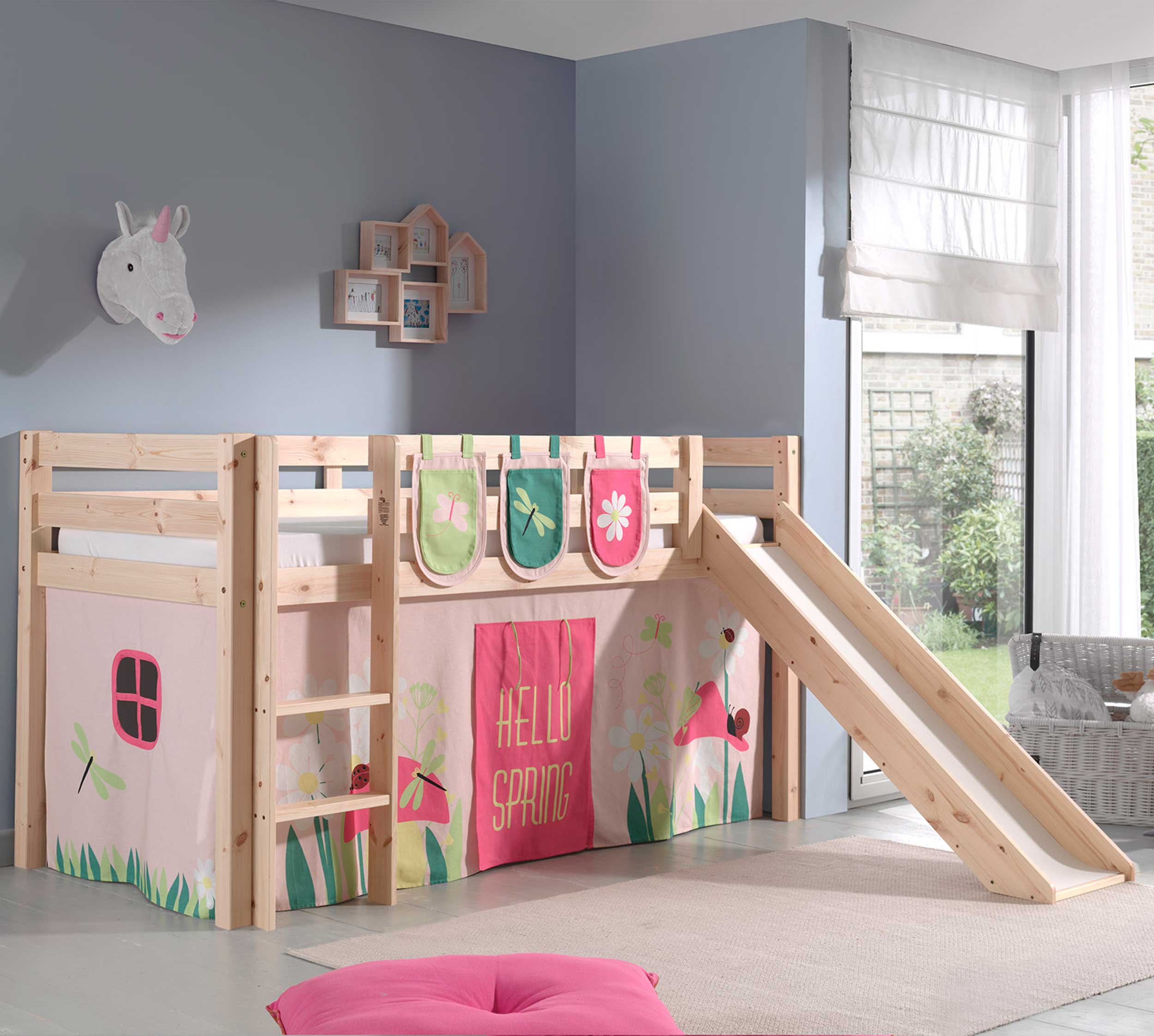 Lit mi-hauteur avec toboggan Astrid avec tente et sacs de rangement Spring - bois de pin