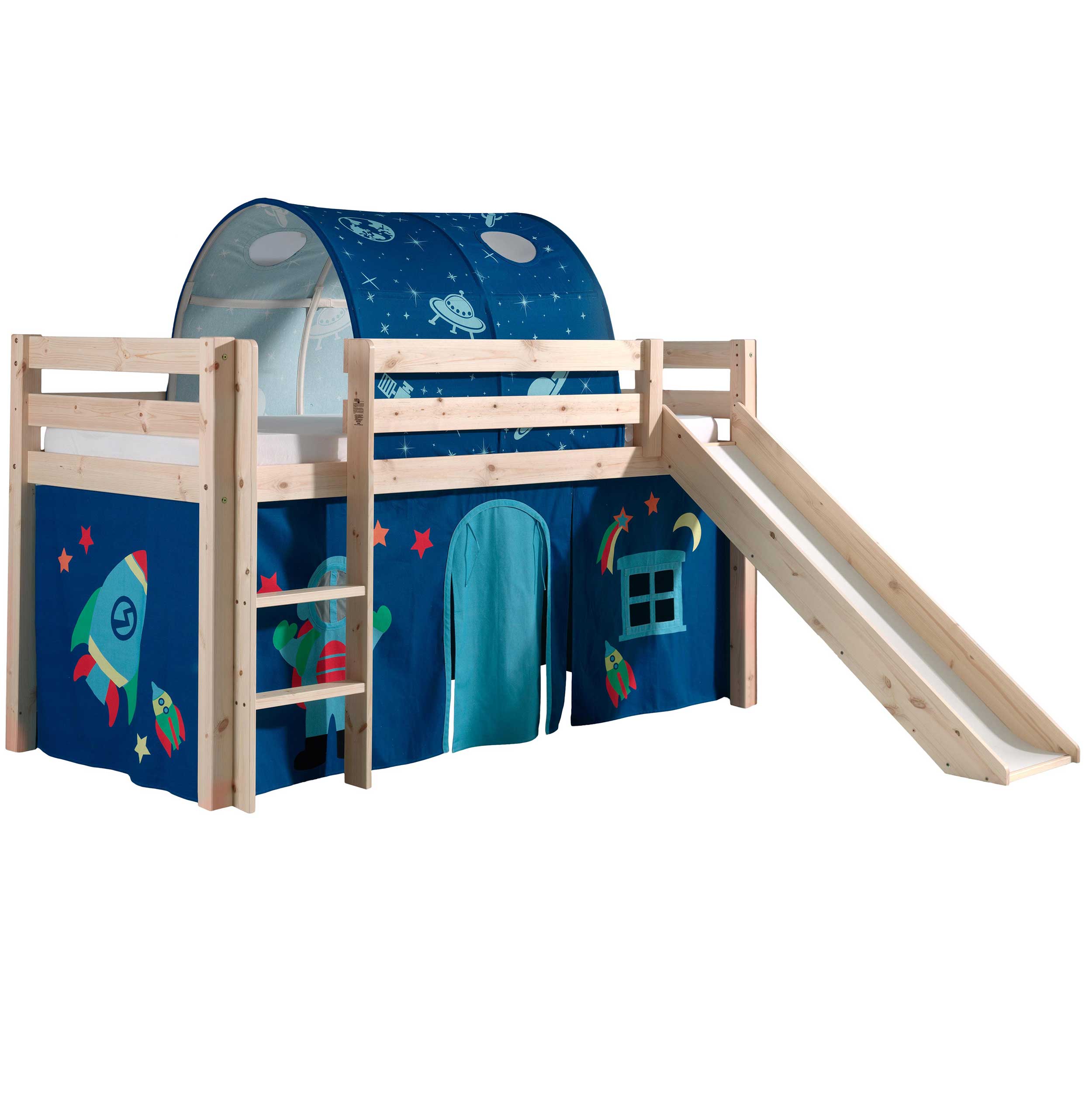 Lit mi-hauteur avec toboggan Astrid avec tente et tunnel de lit Astro - bois de pin - Image 7