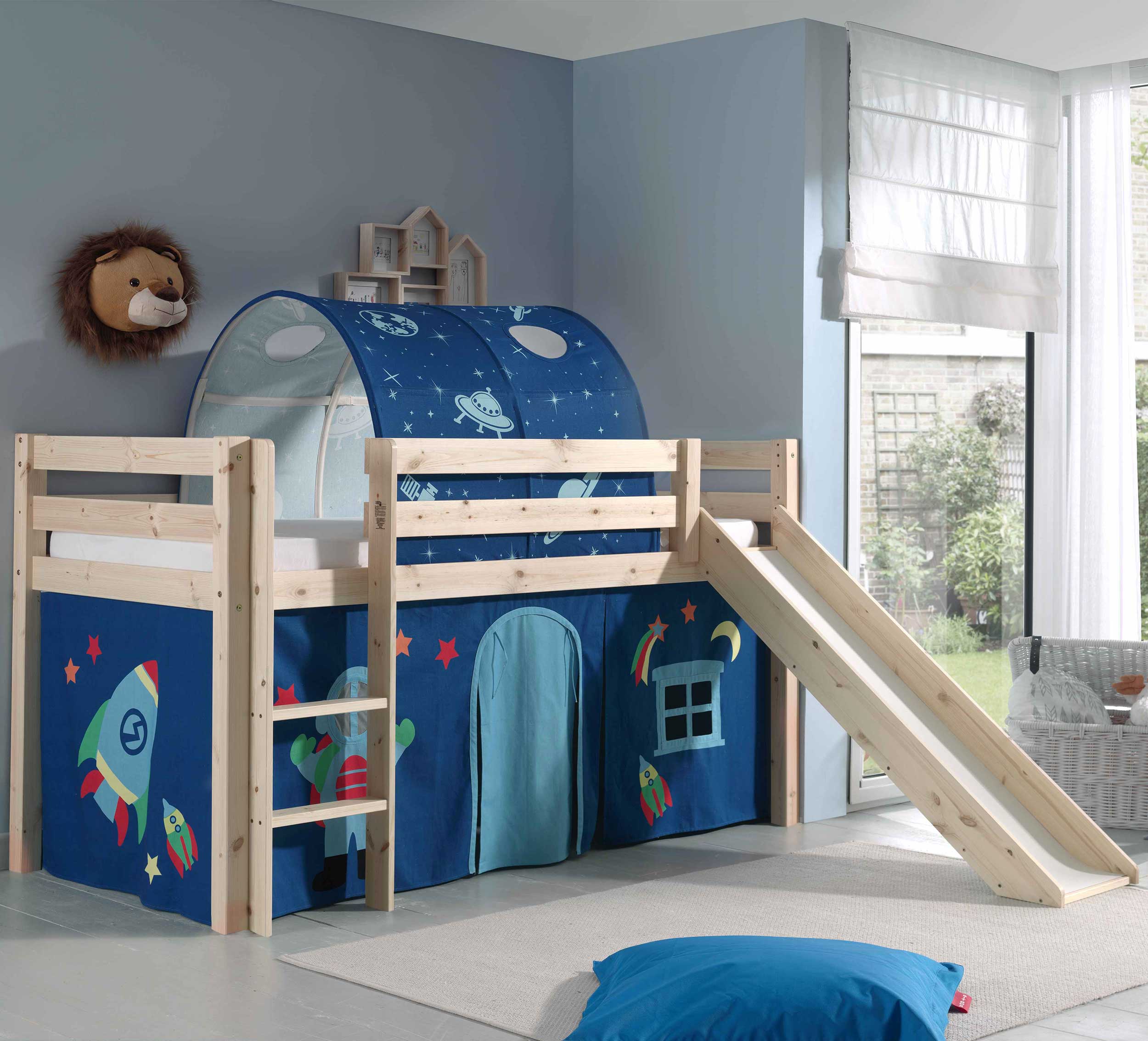 Lit mi-hauteur avec toboggan Astrid avec tente et tunnel de lit Astro - bois de pin - Image 1