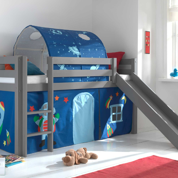 Lit mi-hauteur avec toboggan Astrid avec tente et tunnel de lit Astro - gris