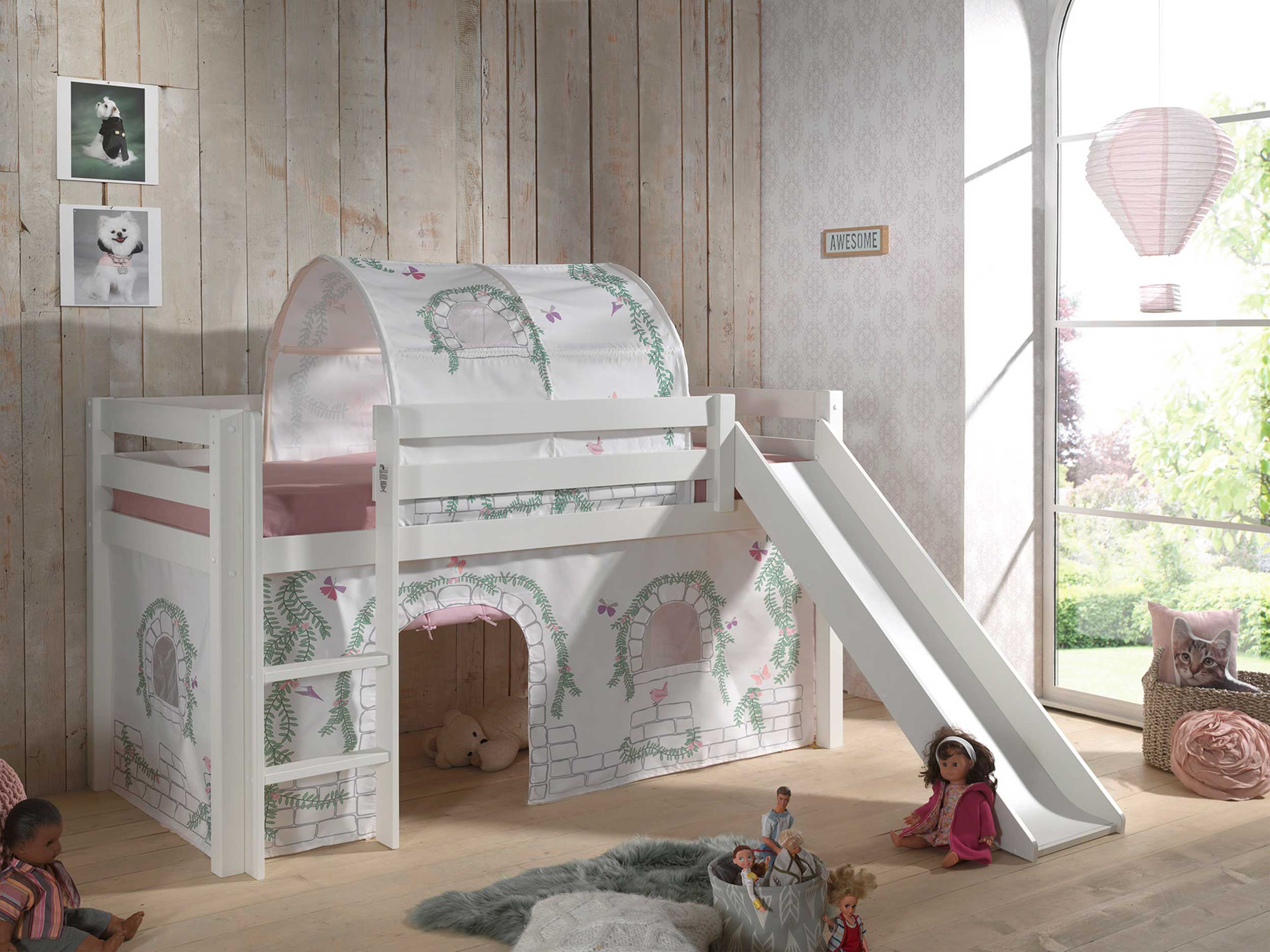 Lit mi-hauteur avec toboggan Astrid avec tente et tunnel de lit Birdy - blanc - Image 6