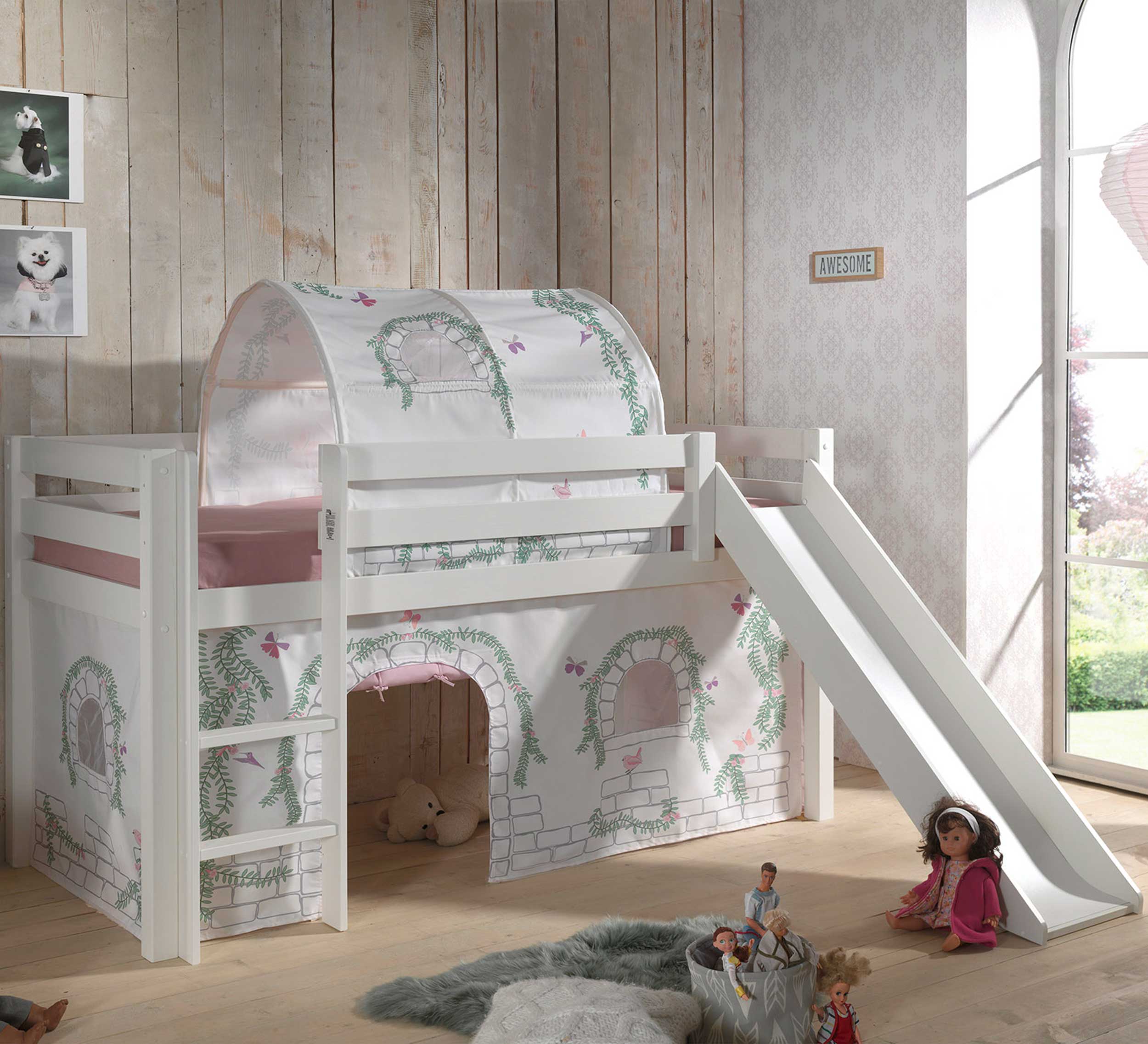 Lit mi-hauteur avec toboggan Astrid avec tente et tunnel de lit Birdy - blanc