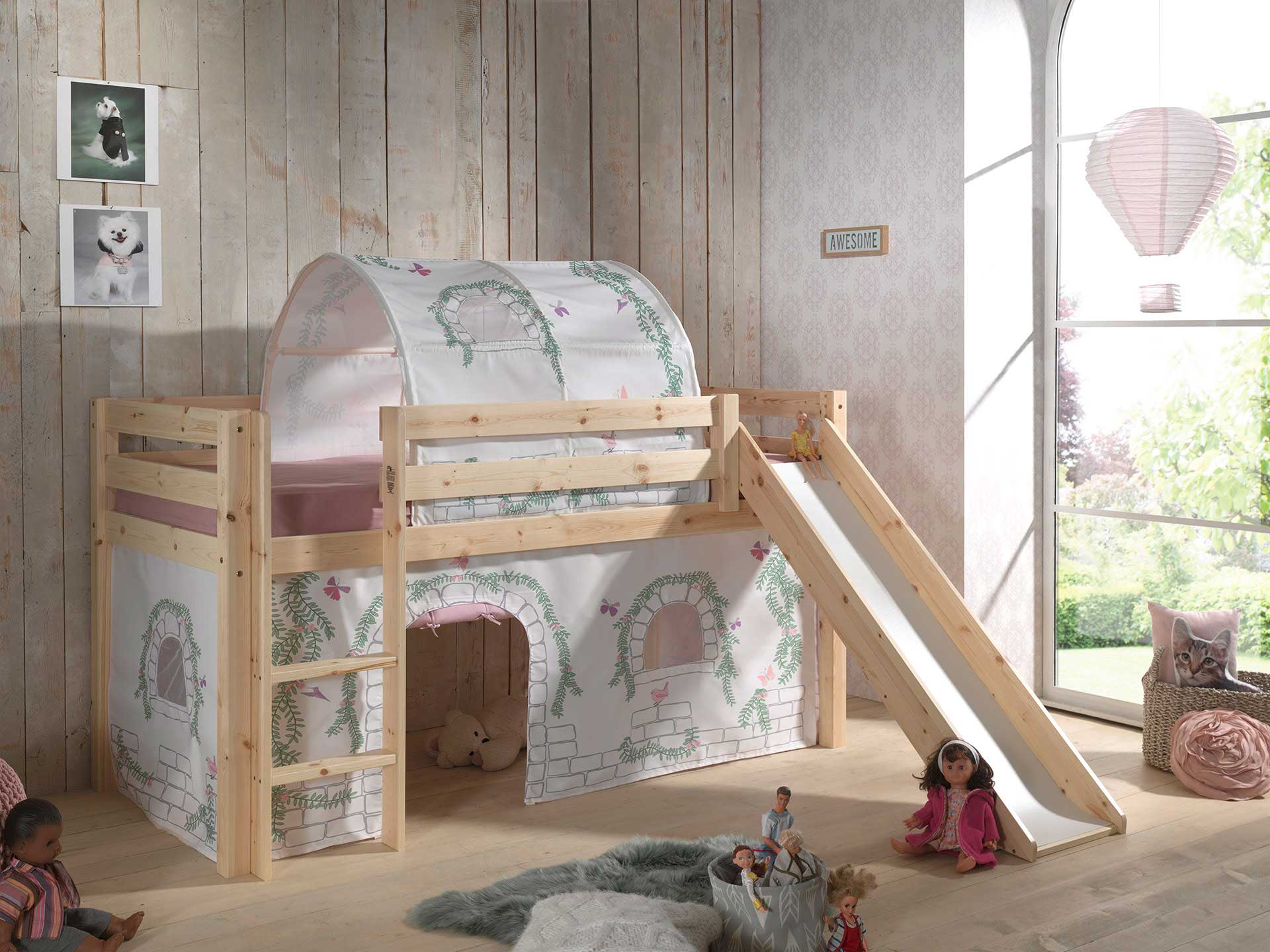 Lit mi-hauteur avec toboggan Astrid avec tente et tunnel de lit Birdy - bois de pin - Image 6