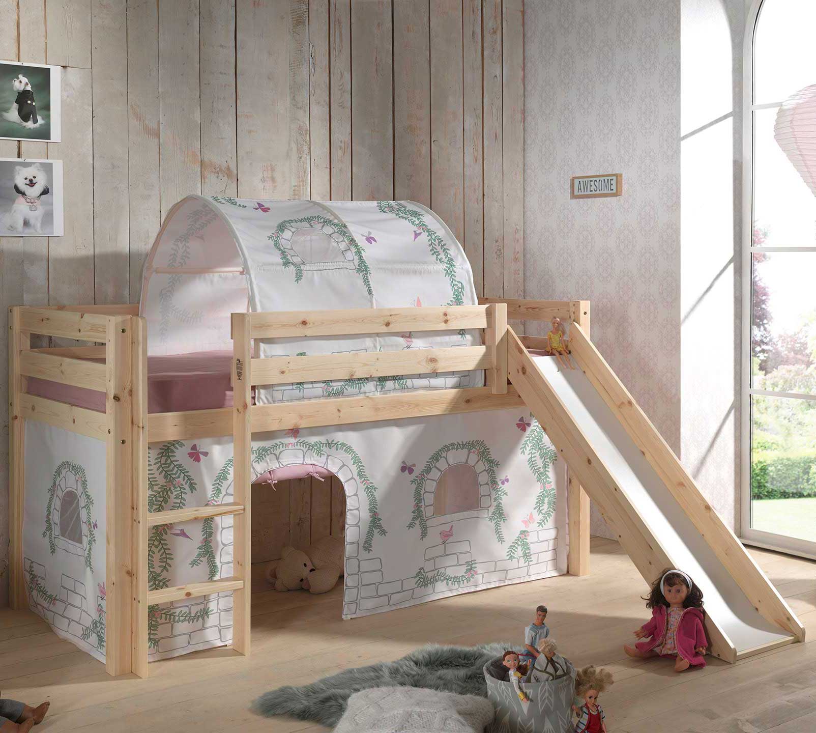 Lit mi-hauteur avec toboggan Astrid avec tente et tunnel de lit Birdy - bois de pin - Image 1