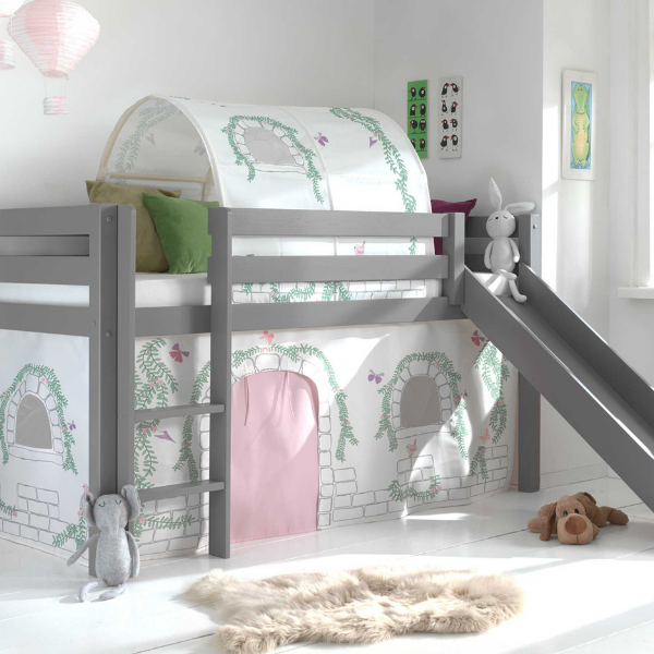Lit mi-hauteur avec toboggan Astrid avec tente et tunnel de lit Birdy - gris