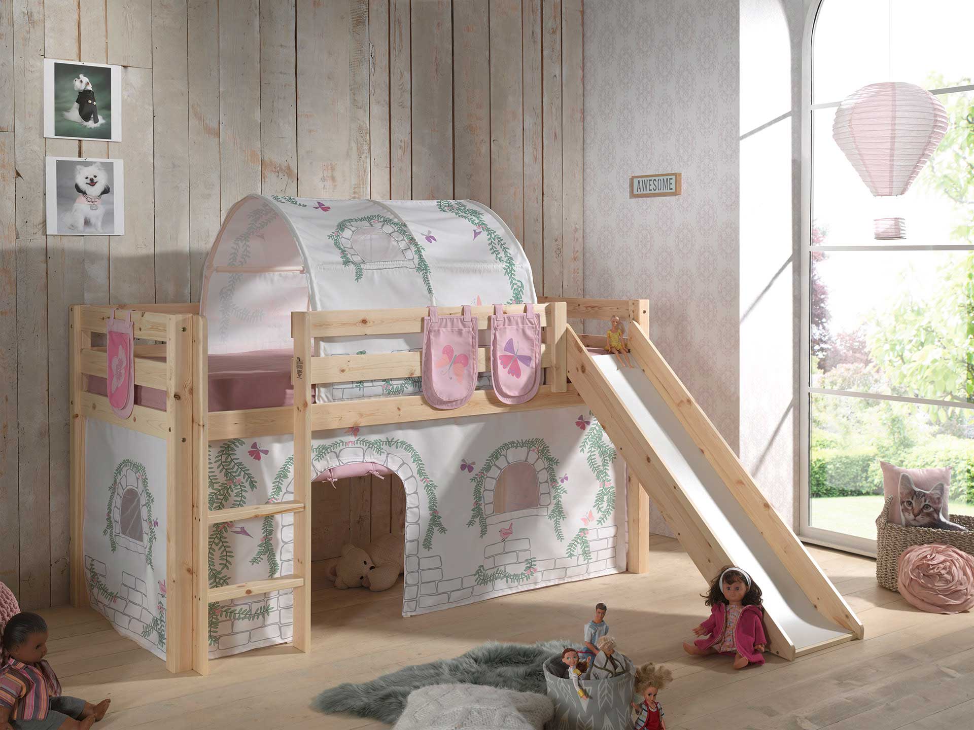 Lit mi-hauteur avec toboggan Astrid avec tente et tunnel de lit et sacs de rangement Princess II - bois de pin - Image 7
