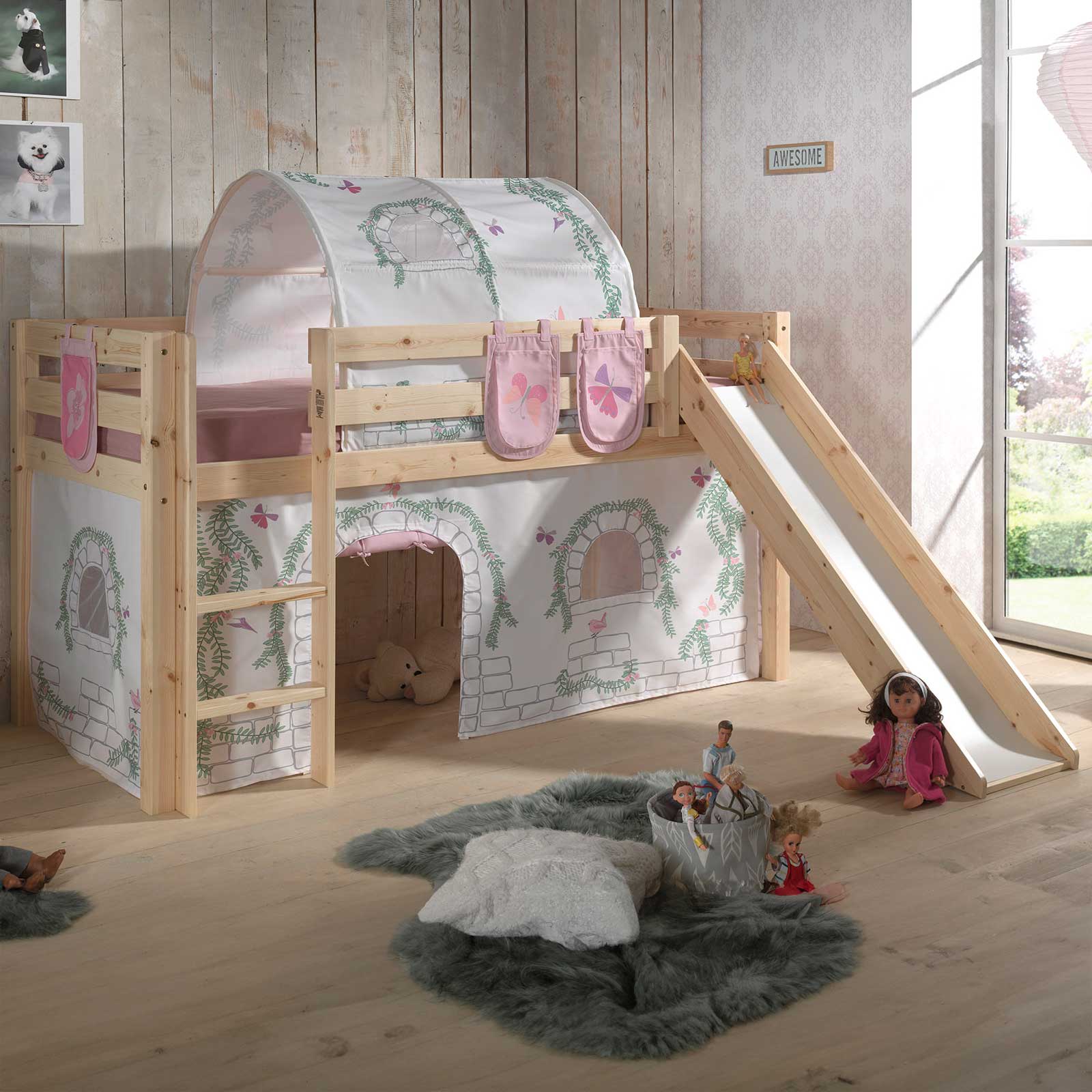 Lit mi-hauteur avec toboggan Astrid avec tente et tunnel de lit et sacs de rangement Astro - pin