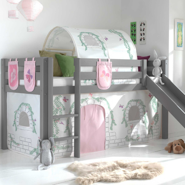 Lit mi-hauteur avec toboggan Astrid avec tente et tunnel de lit et sacs de rangement Birdy - grise