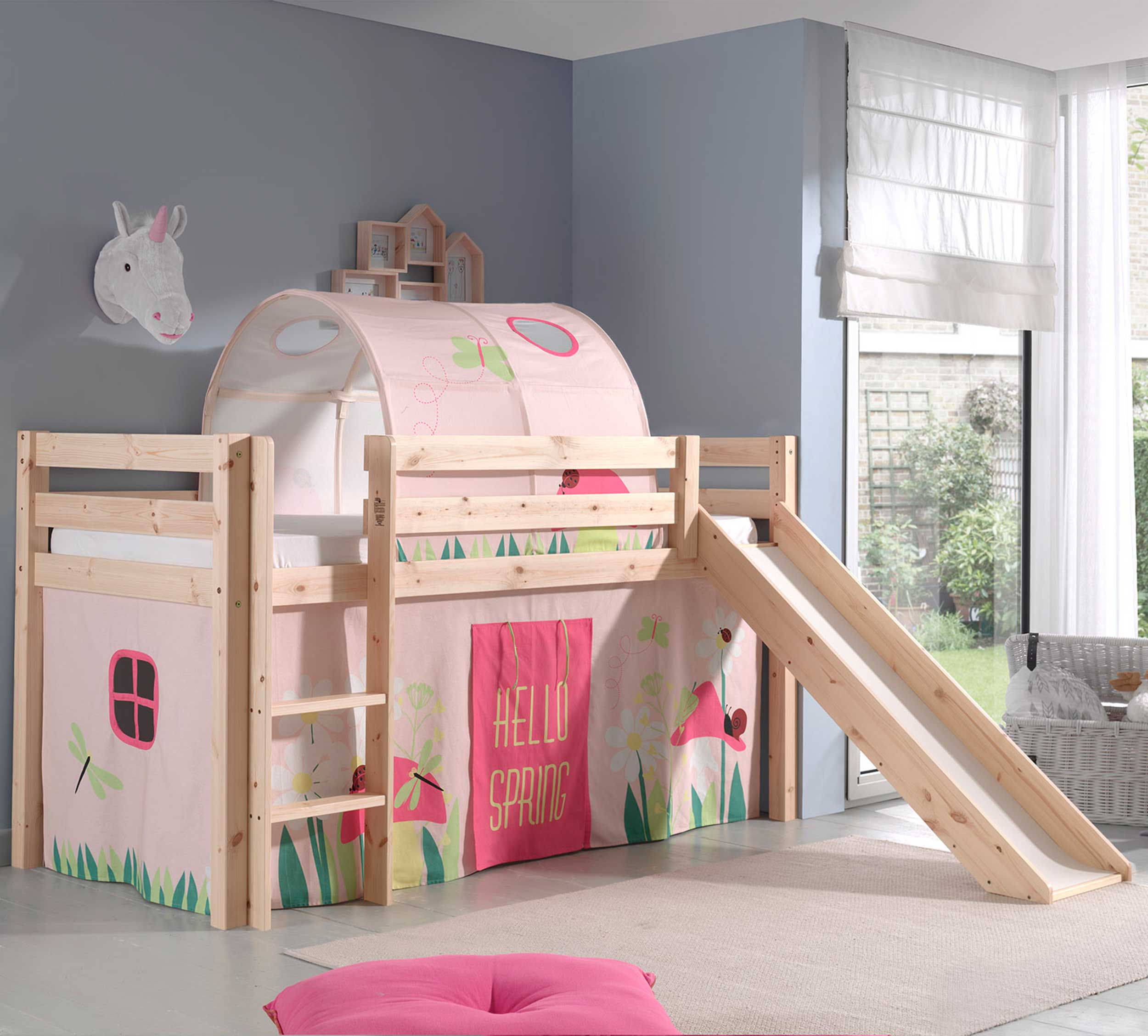 Lit mi-hauteur avec toboggan Astrid avec tente et tunnel de lit Spring - bois de pin