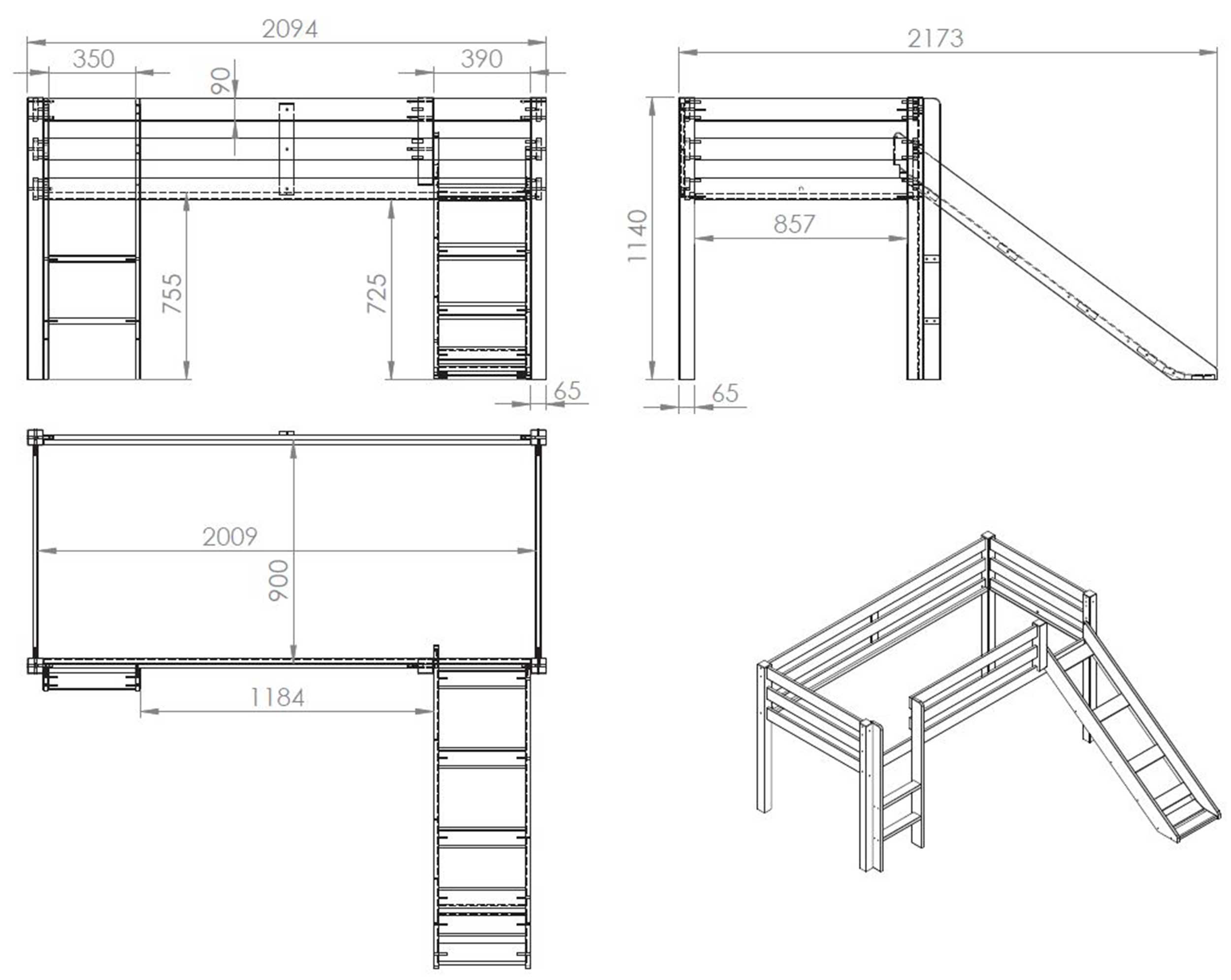 Lit mi-hauteur avec toboggan Astrid avec tunnel de lit et sacs de rangement Astro - pin - Image 4