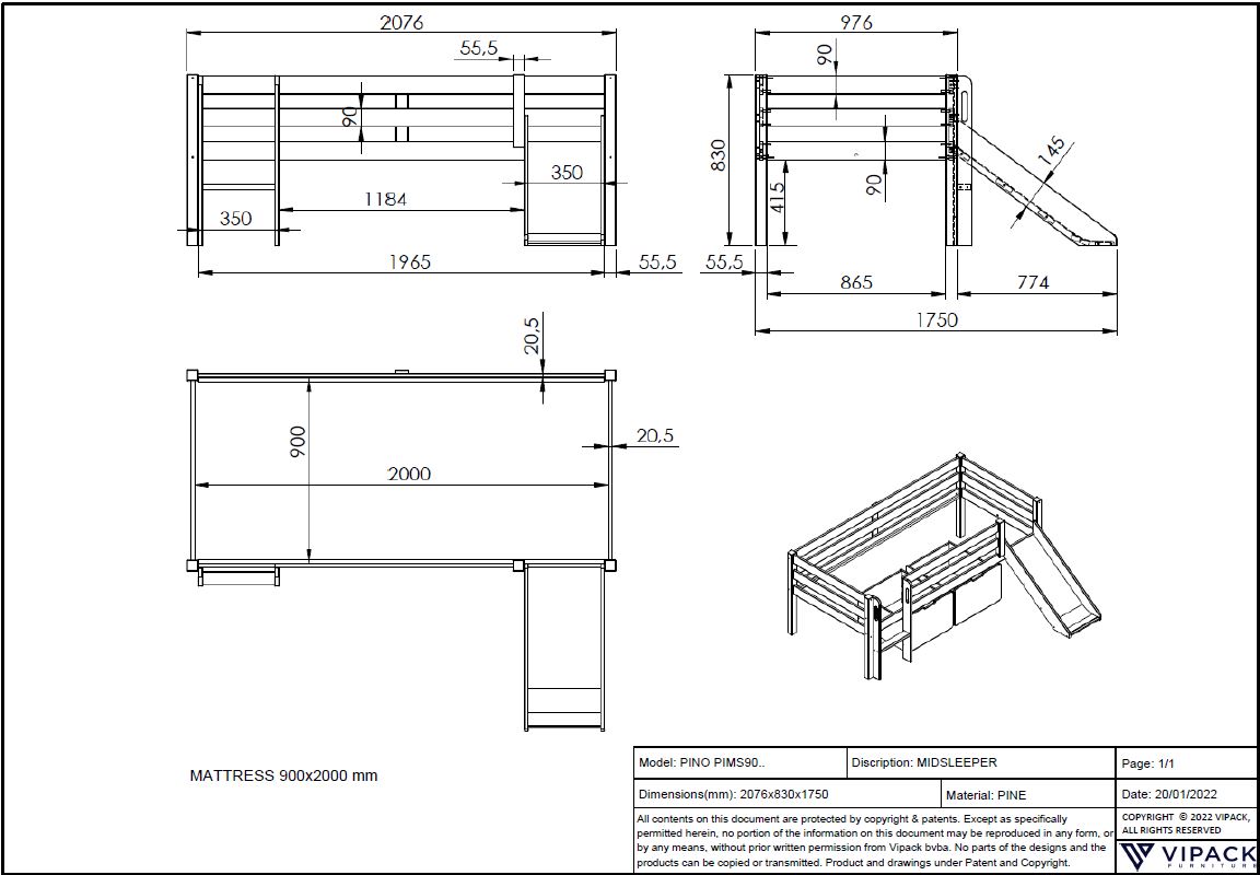 Lit mi-hauteur avec toboggan Pip avec 2 tiroirs 90 x 200 bois de pin - gris - Image 2