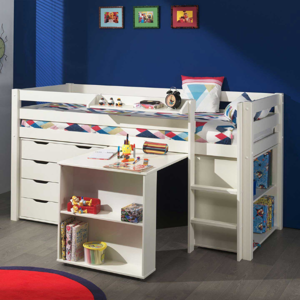 Lit mi-hauteur Charlotte avec étagère, bureau, bibliothèque et chiffonnier - blanc