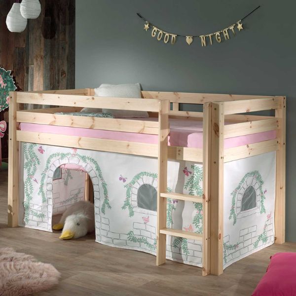 Lit mi-hauteur Charlotte avec tente de lit Birdy - bois de pin