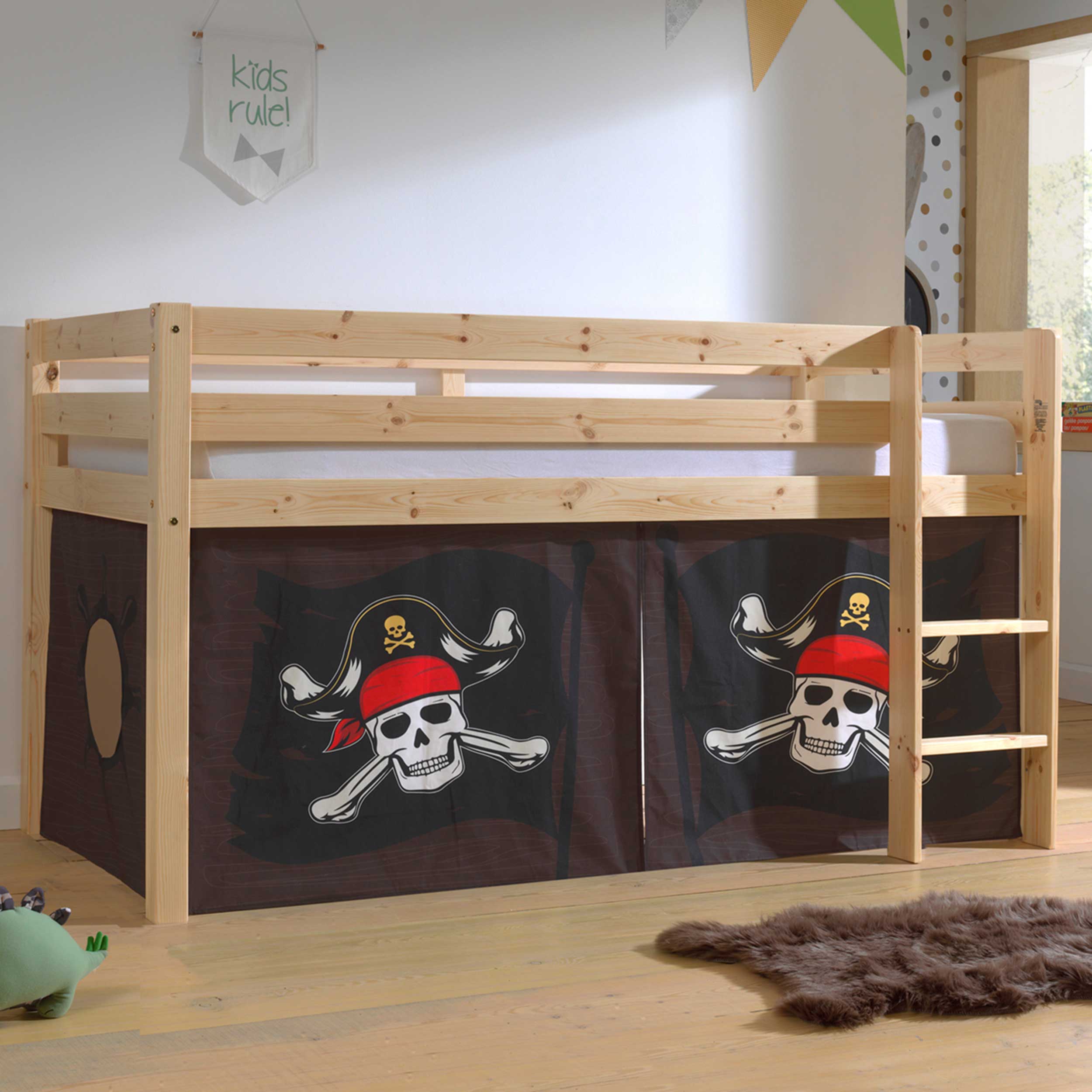 Lit mi-hauteur Charlotte avec tente de lit Caribbean Pirates - bois de pin