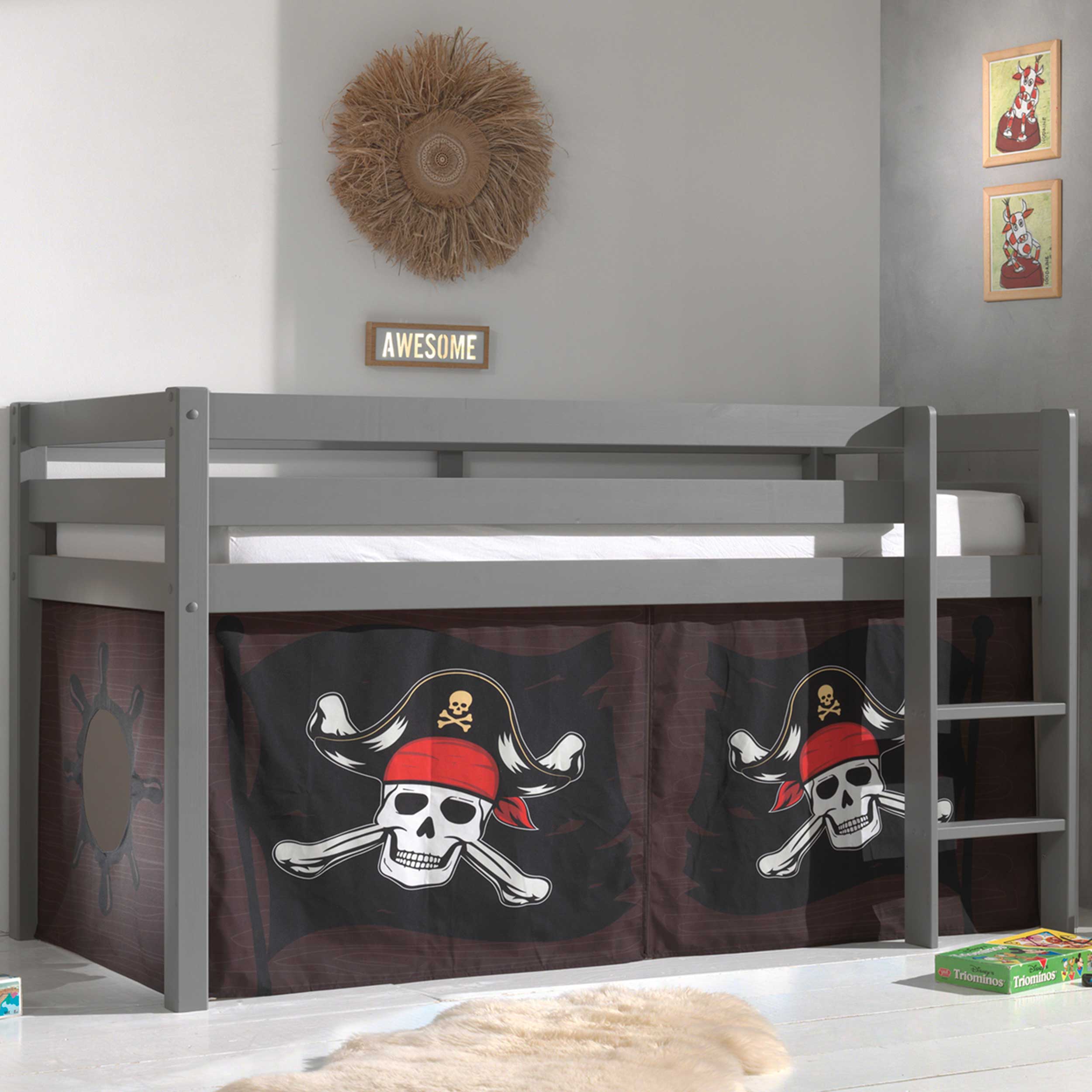 Lit mi-hauteur Charlotte avec tente de lit Caribbean Pirates - gris