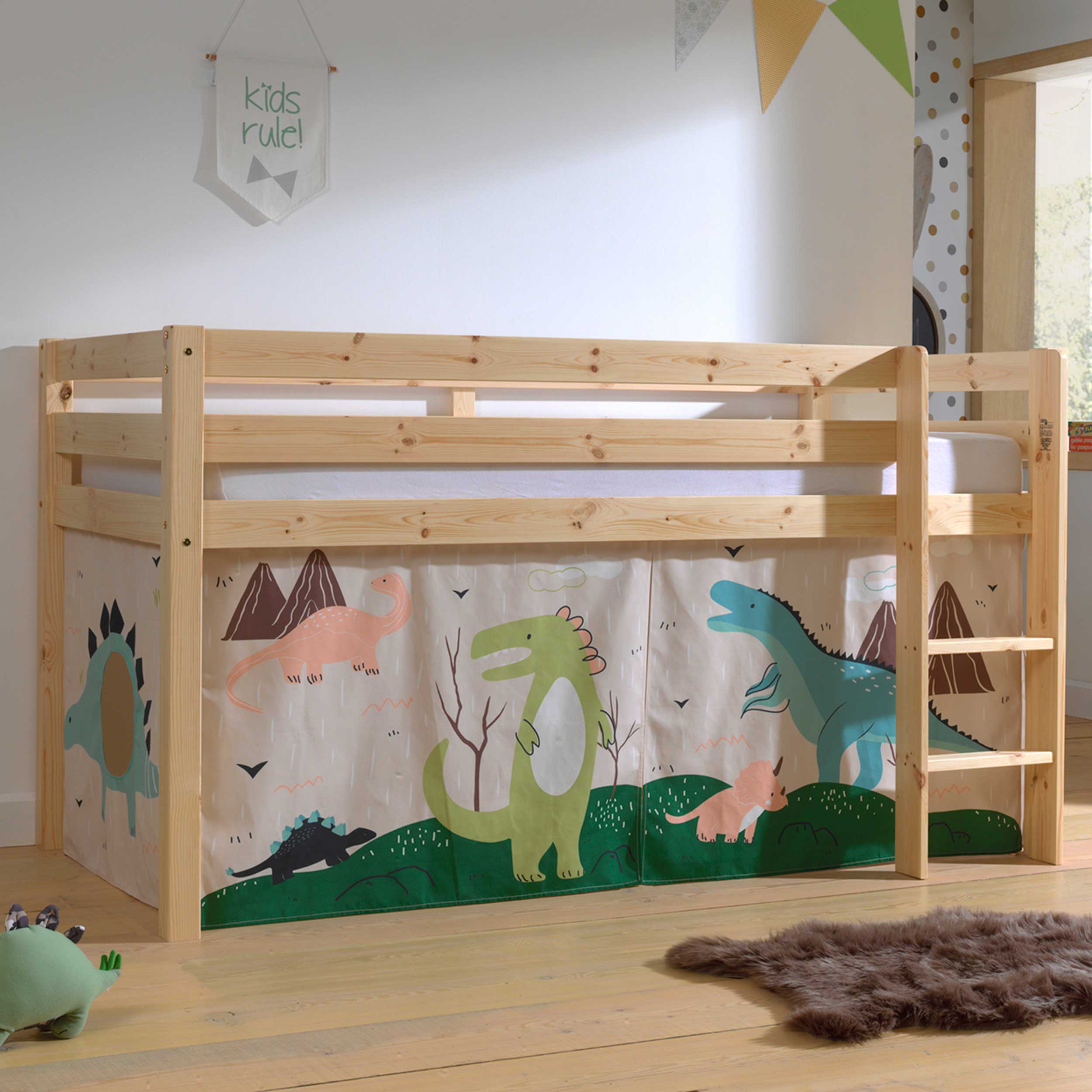 Lit mi-hauteur Charlotte avec tente de lit Dino - bois de pin