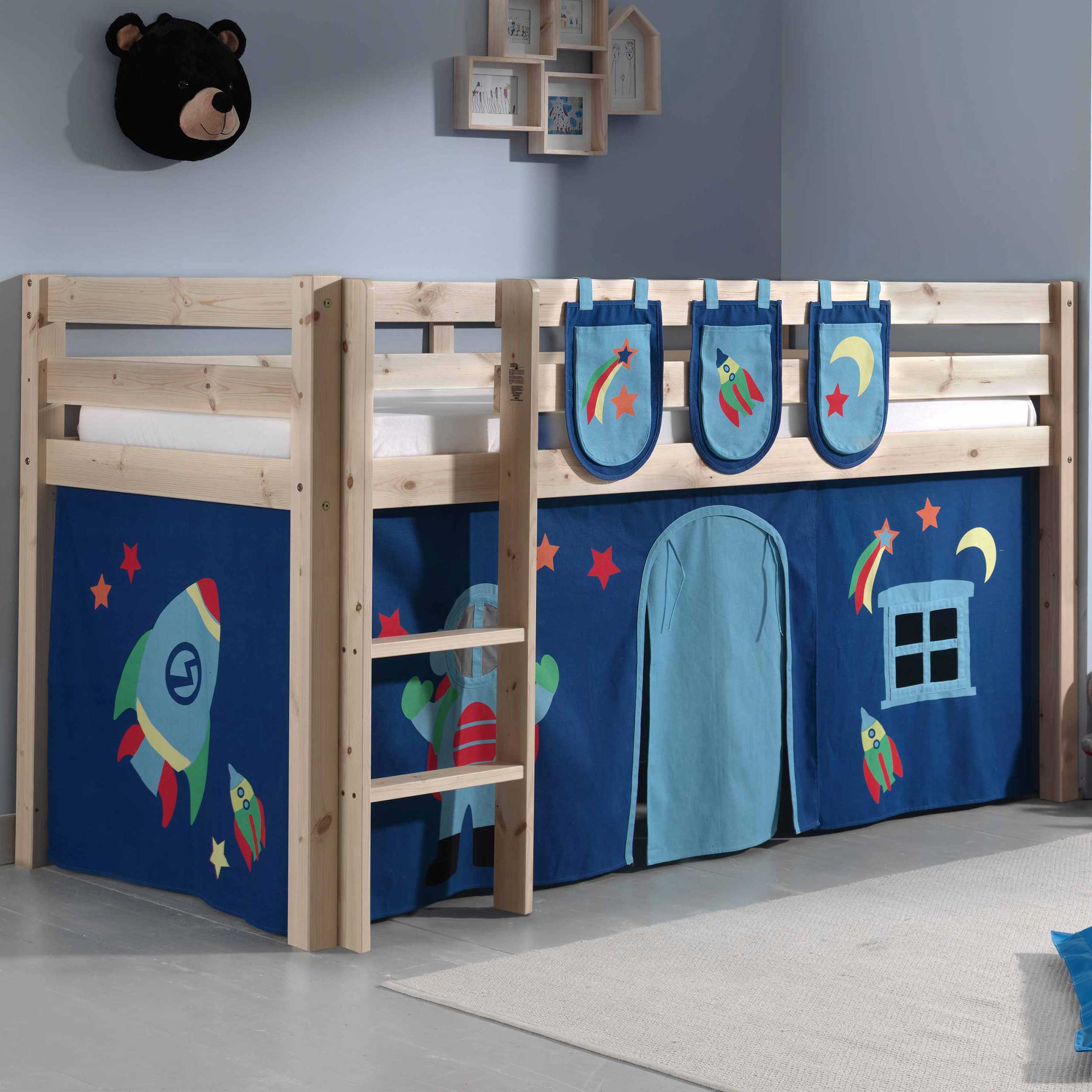 Lit mi-hauteur Charlotte avec tente de lit et sacs de rangement Astro - bois de pin - Image 1