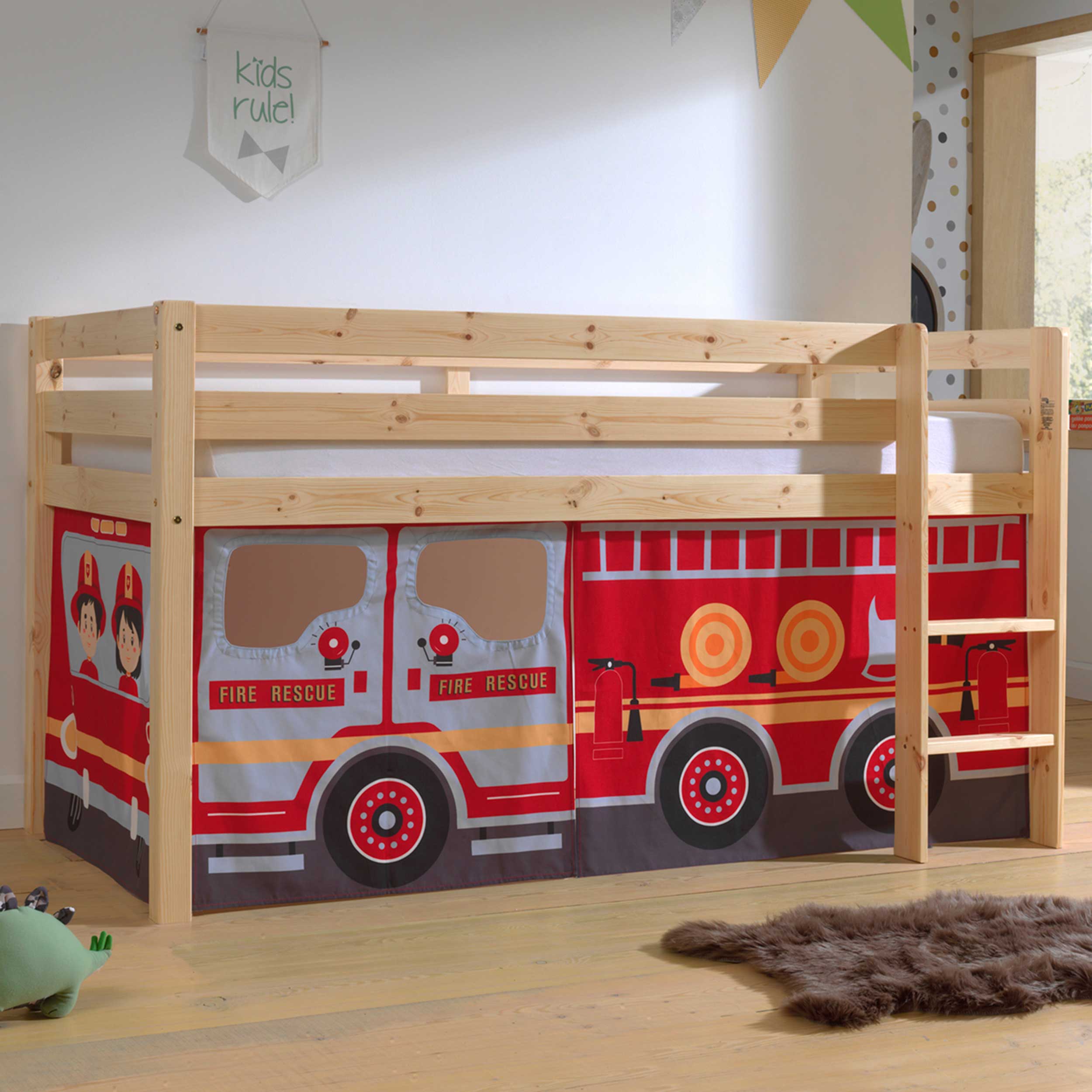 Lit mi-hauteur Charlotte avec tente de lit Fire Truck - bois de pin