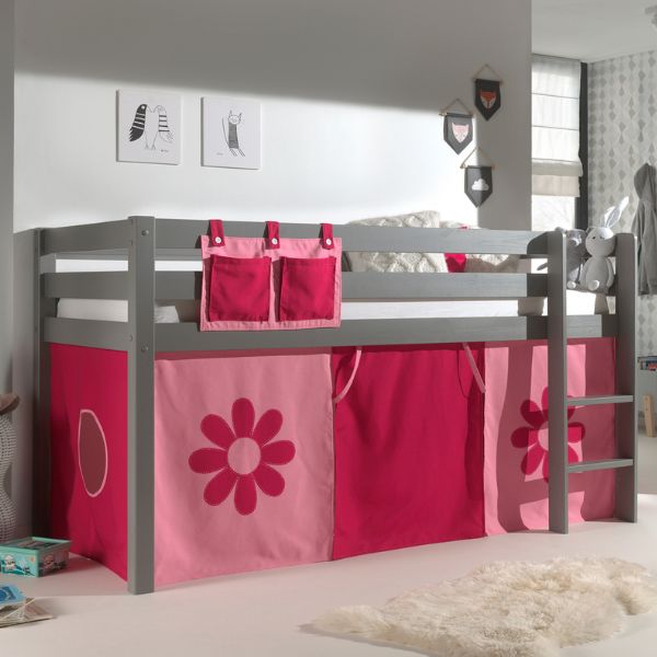 Lit mi-hauteur Charlotte avec tente de lit fleurs - gris