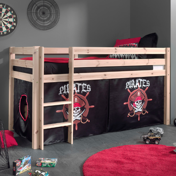 Lit mi-hauteur Charlotte avec tente de lit Pirates - bois de pin