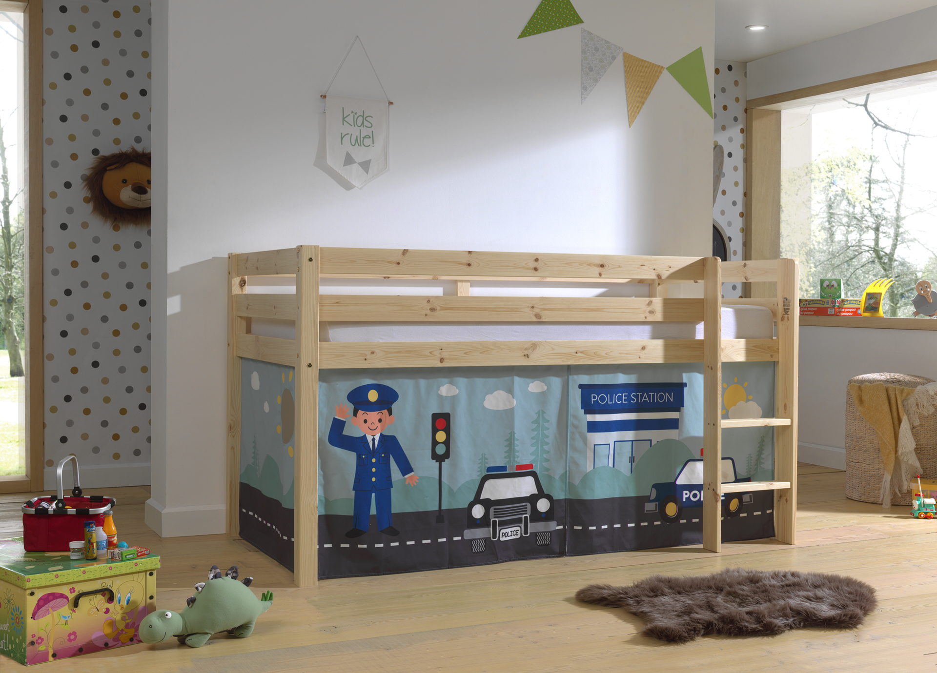 Lit mi-hauteur Charlotte avec tente de lit Police - bois de pin - Image 5