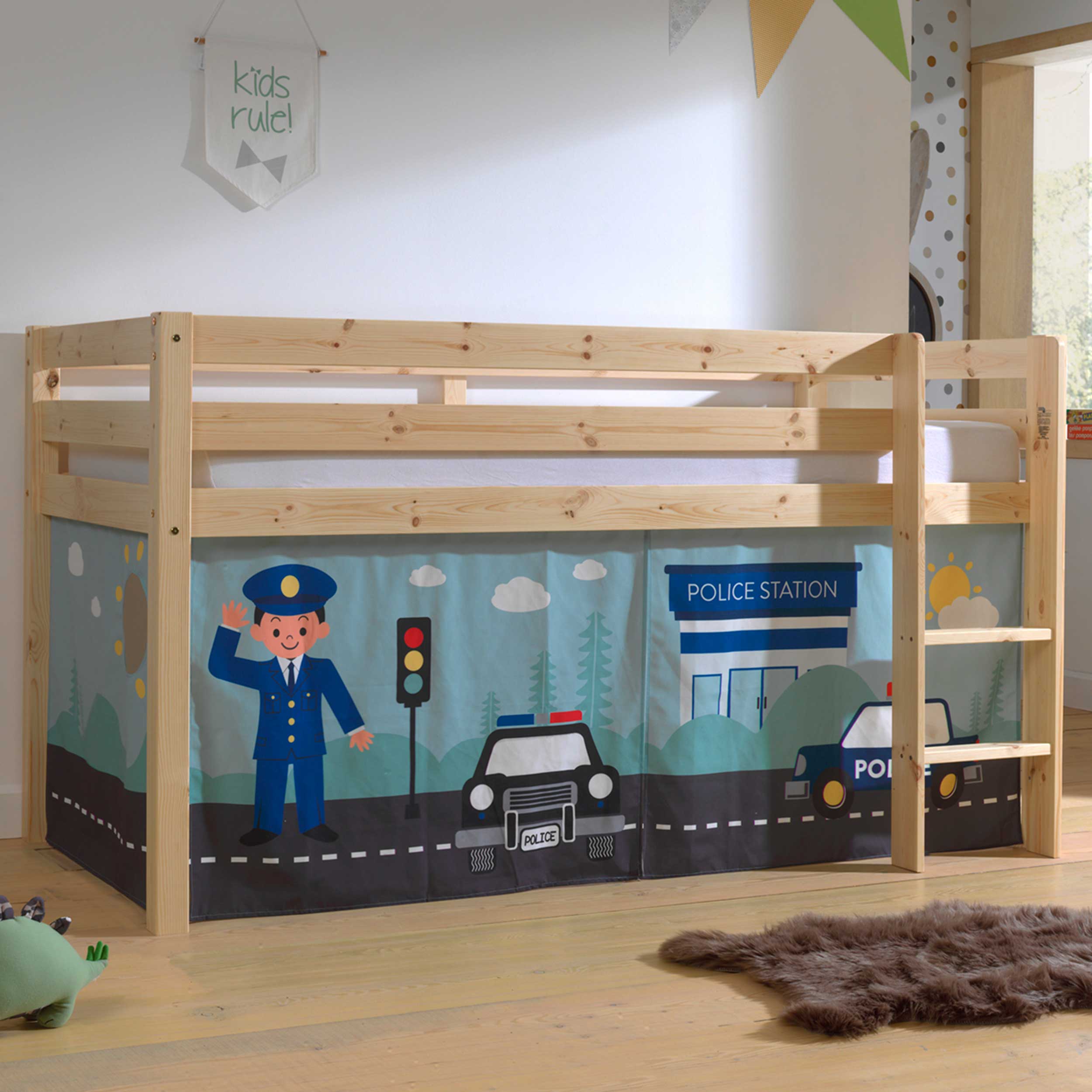 Lit mi-hauteur Charlotte avec tente de lit Police - bois de pin