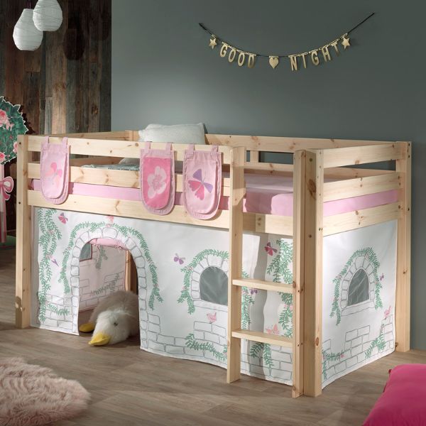Lit mi-hauteur Charlotte avec tente de lit & sacs de rangement Birdy - bois de pin