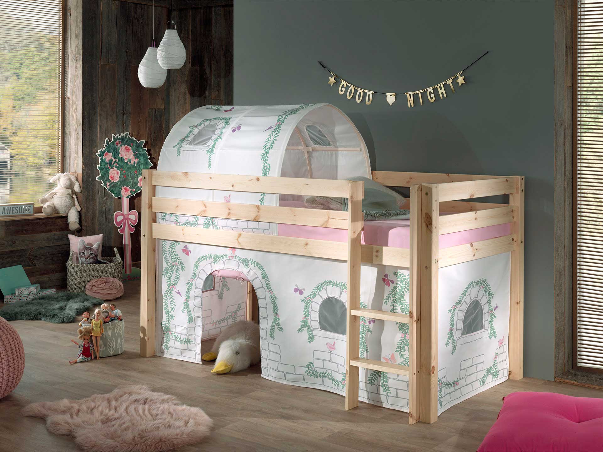 Lit mi-hauteur Charlotte avec tente et tunnel de lit Birdy - bois de pin - Image 6