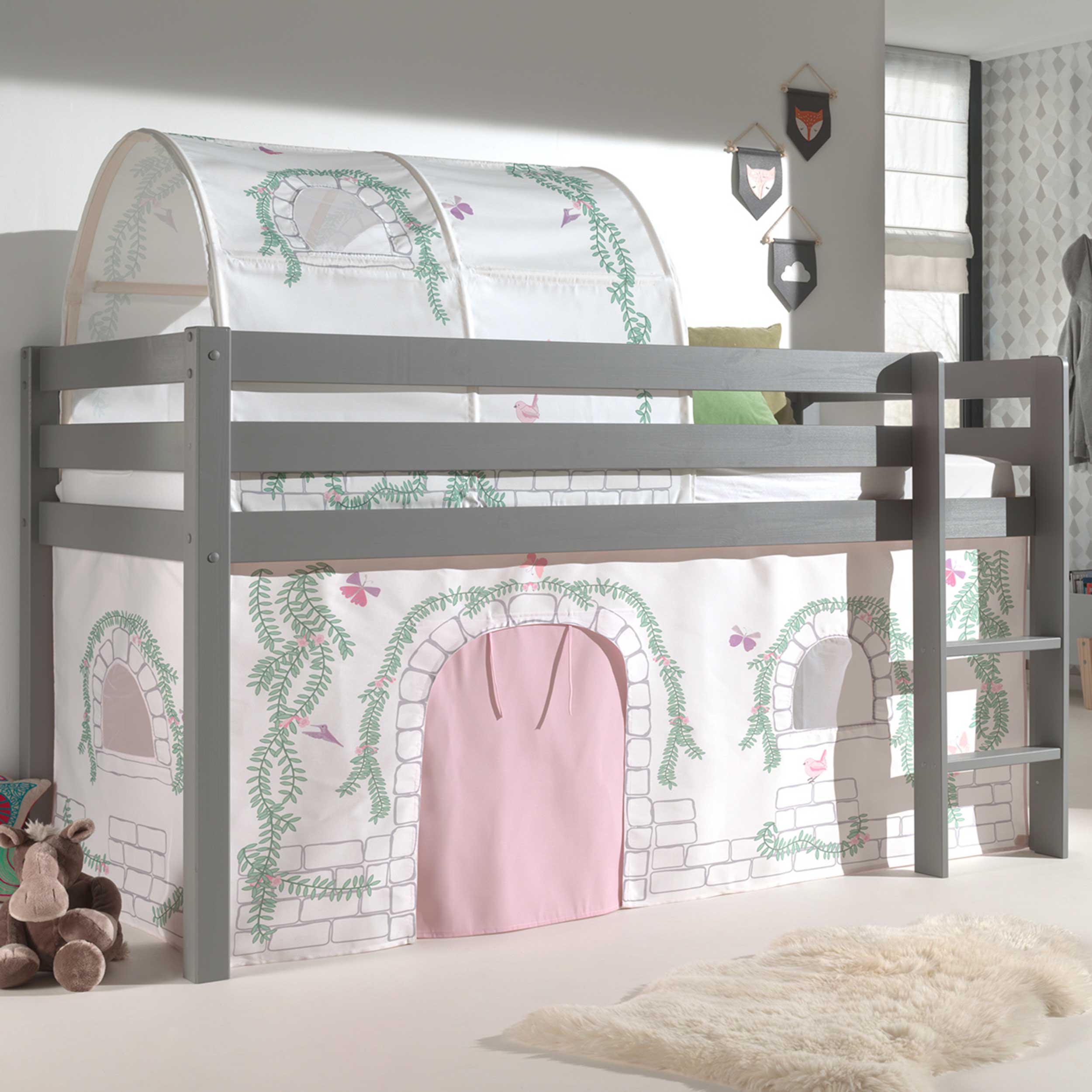 Lit mi-hauteur Charlotte avec tente et tunnel de lit Birdy - gris