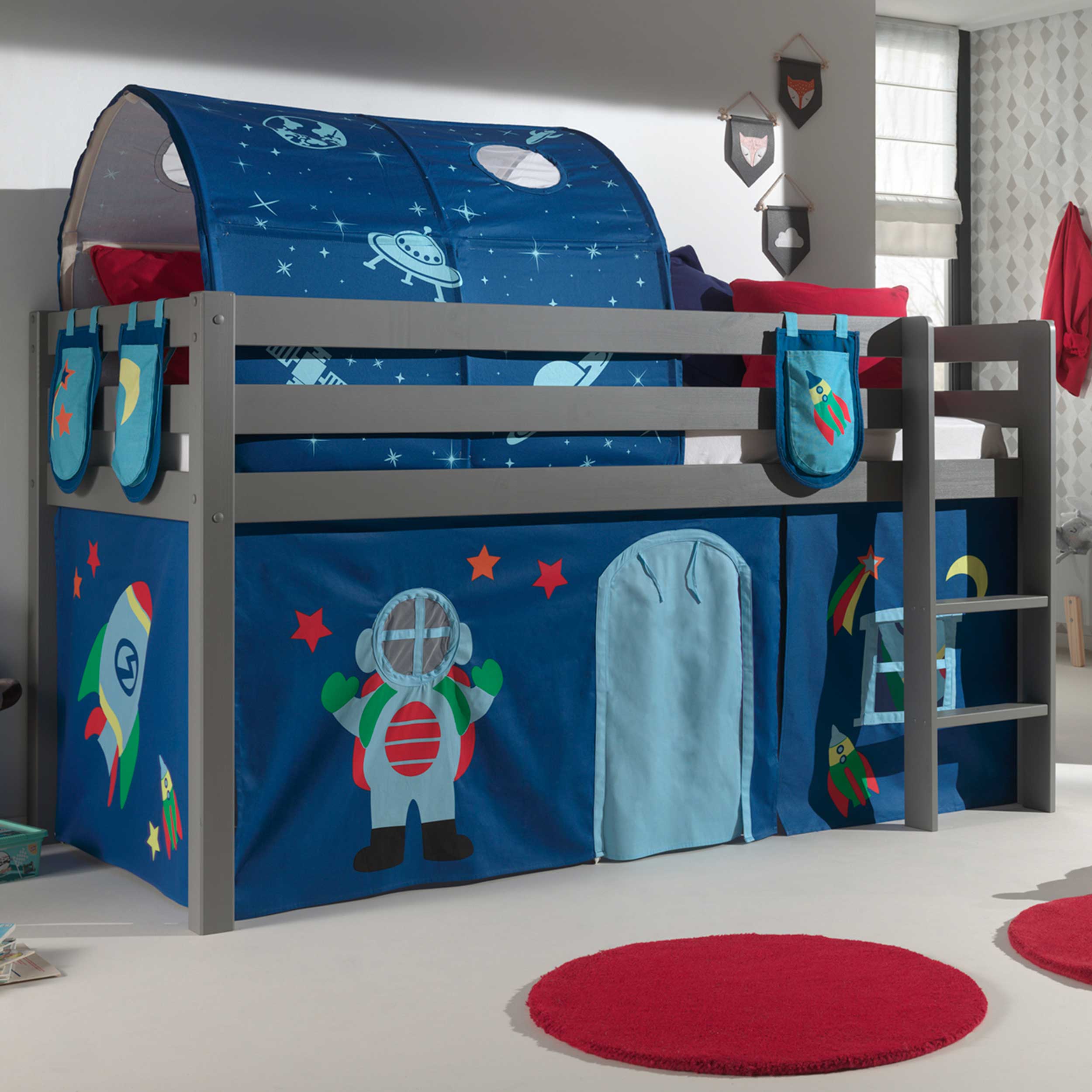 Lit mi-hauteur Charlotte avec tente et tunnel de lit et sacs de rangement Astro - blanc