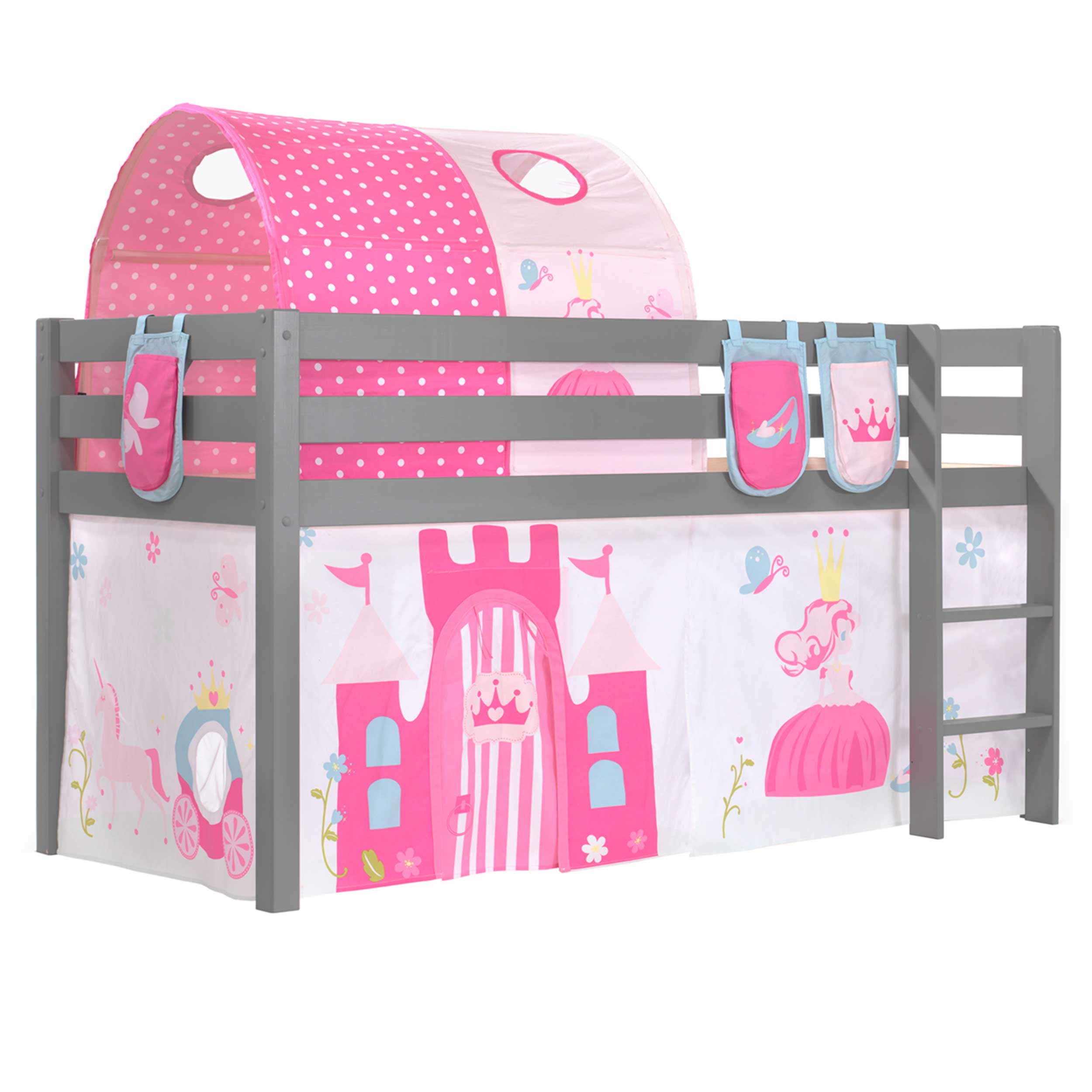 Lit mi-hauteur Charlotte avec tente et tunnel de lit et sacs de rangement Princess II - gris - Image 8