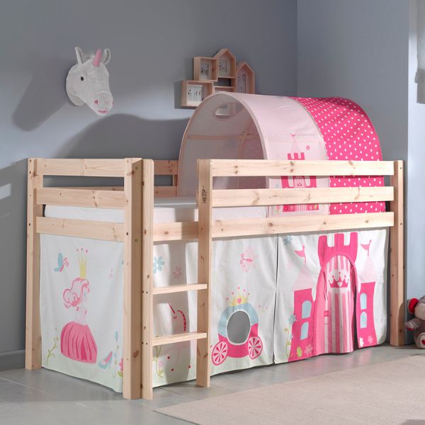 Lit mi-hauteur Charlotte avec tente et tunnel de lit Princess II - bois de pin