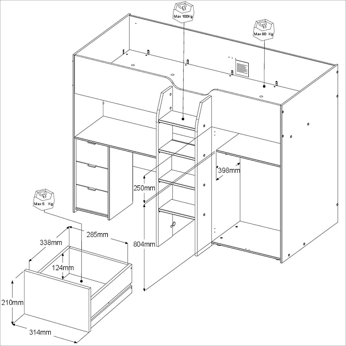 Lit mi-hauteur Neda 90x200cm - blanc/décor de chêne - Image 3