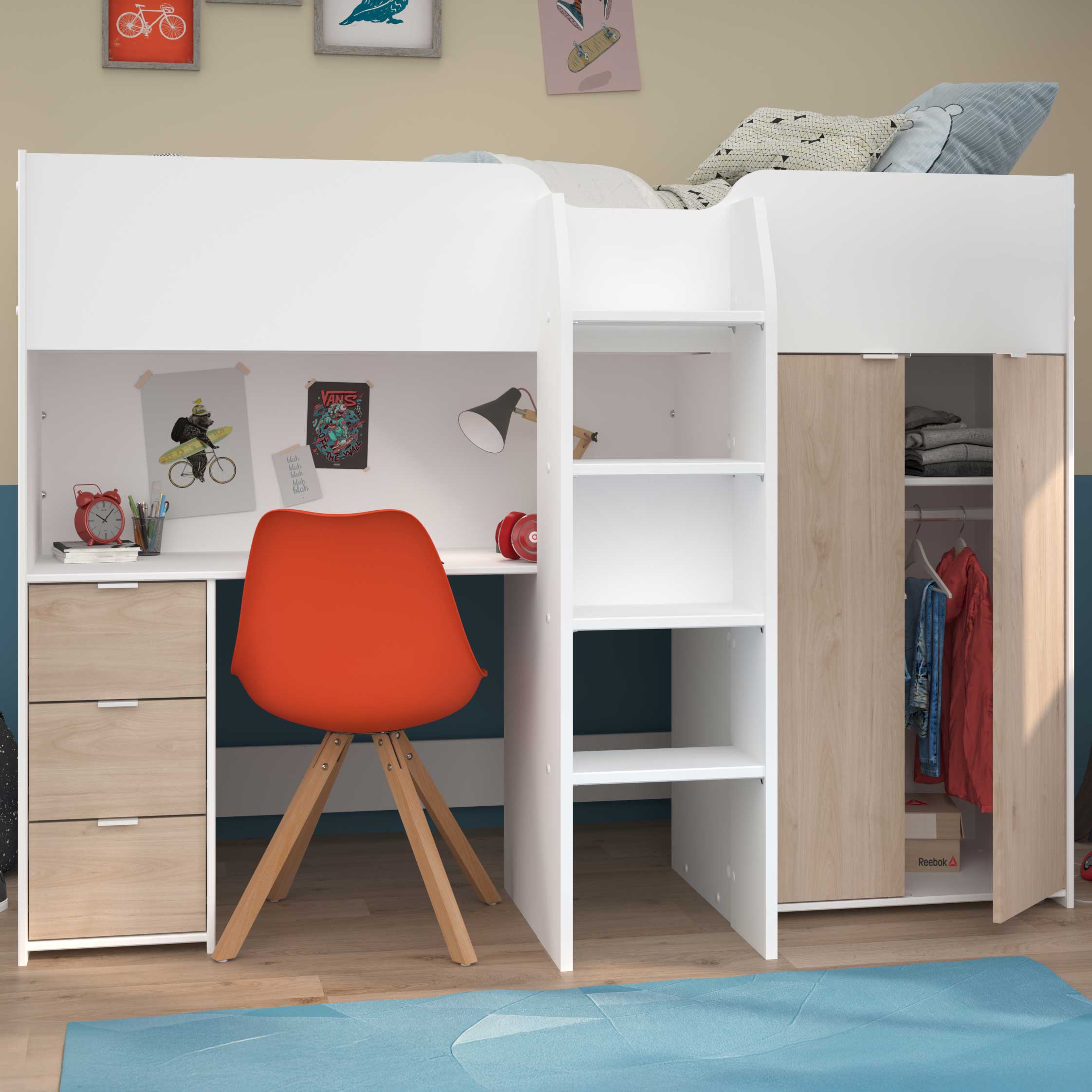 Lit mi-hauteur Neda 90x200cm - blanc/décor de chêne - Image 1