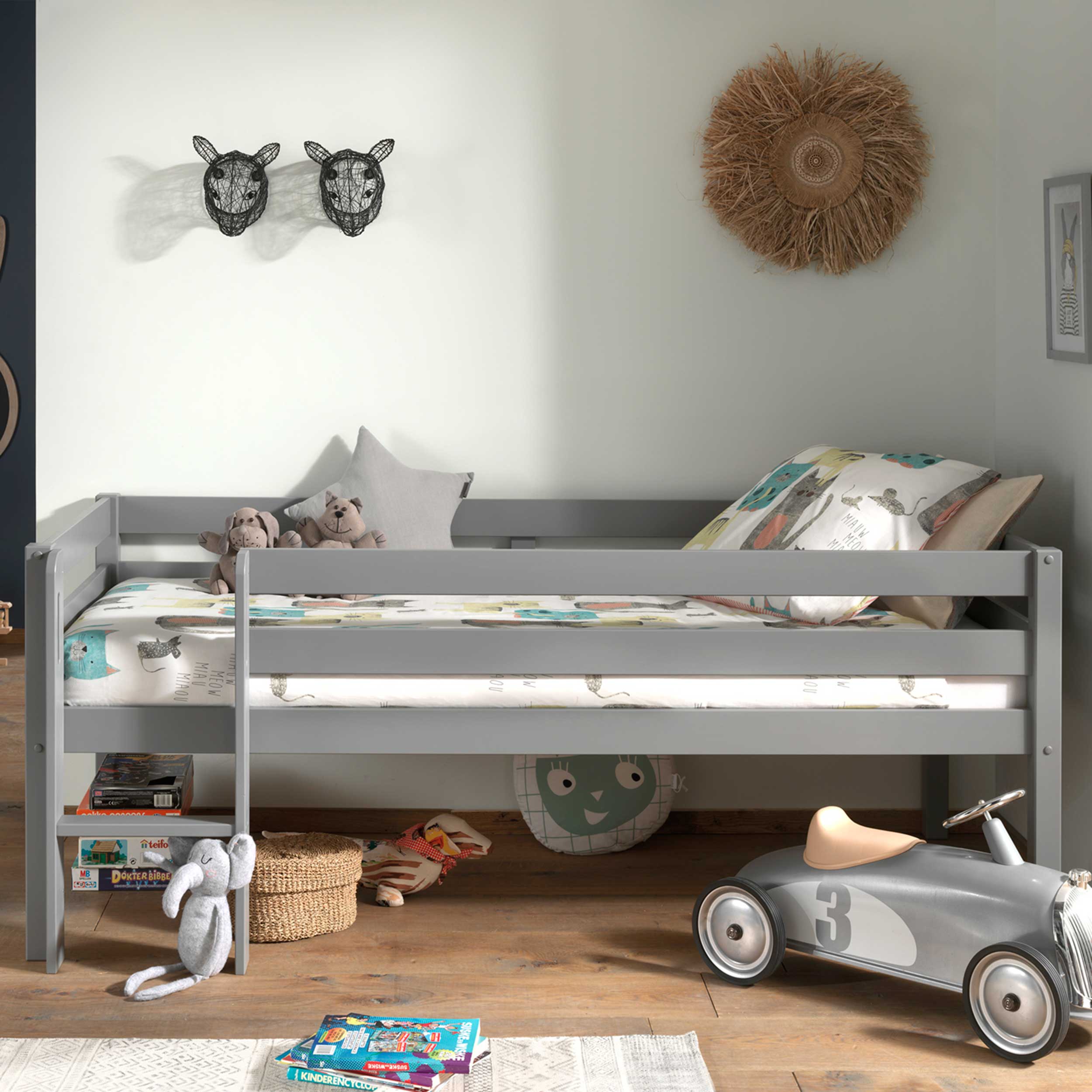Lit mi-hauteur Pip 90 x 200 bois de pin - gris